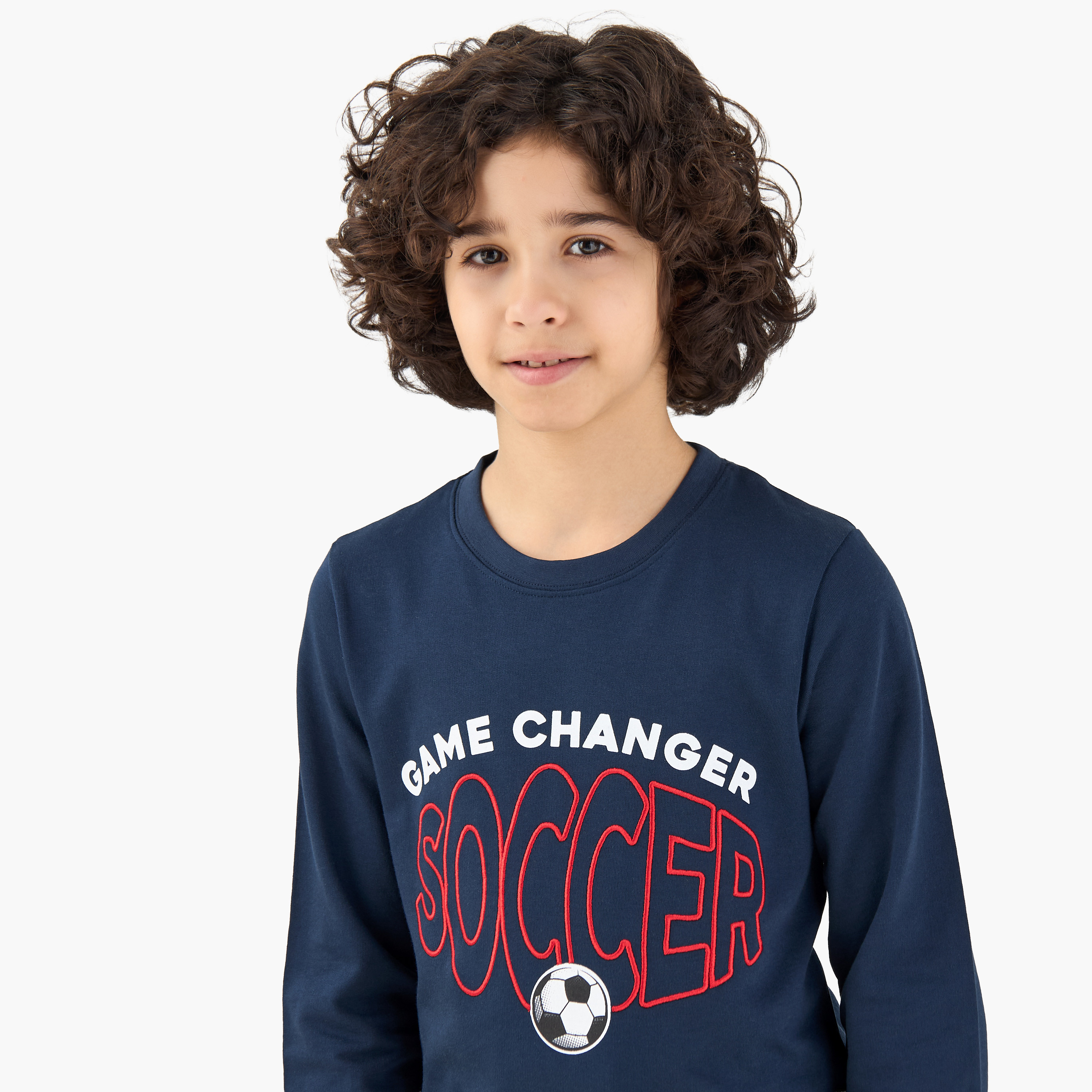 Juniors Cotton Round Neck Long Sleeves Pyjama Set with Soccer Print-boys-clothing-nightwear-image-5