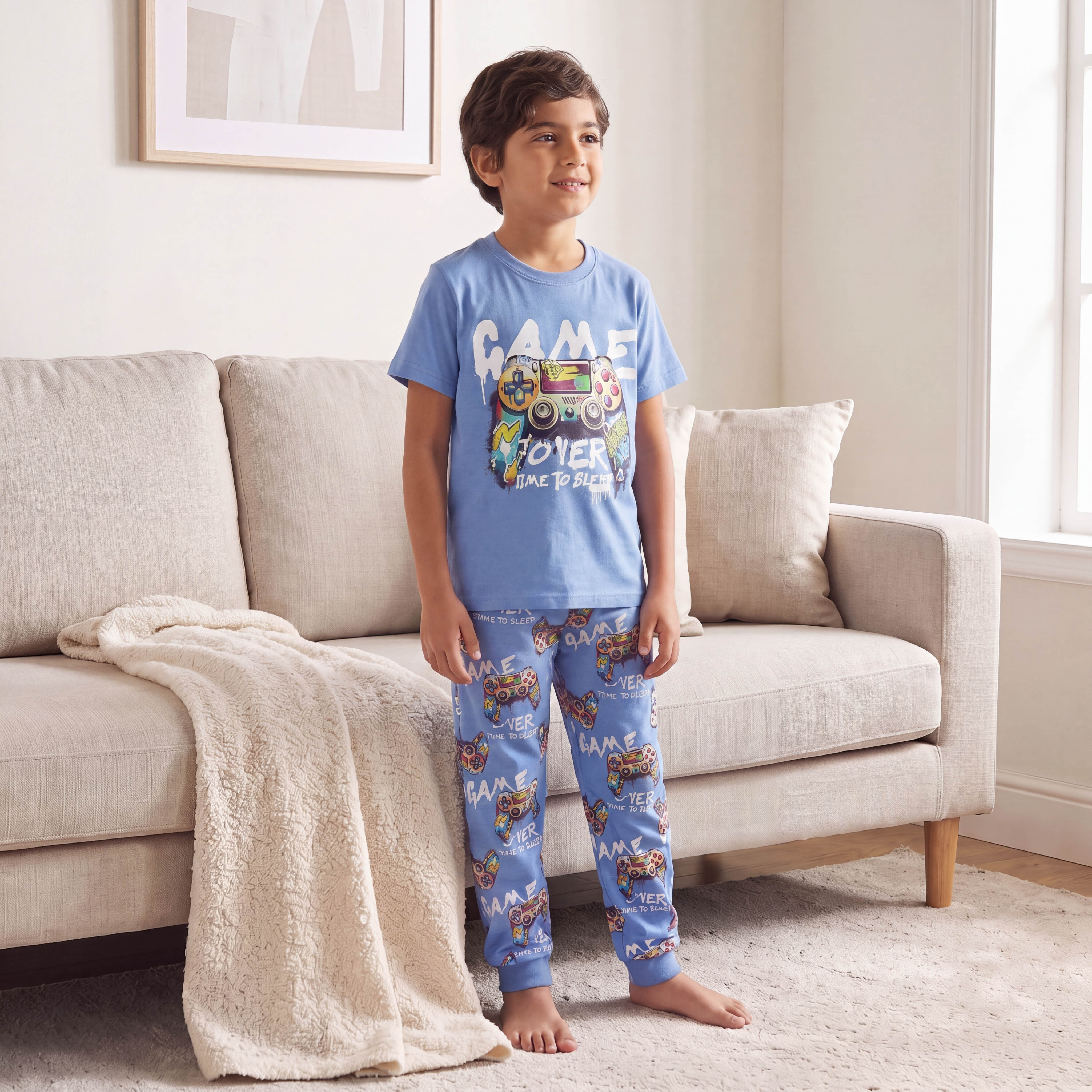 Juniors Cotton Crew Neck Short Sleeves Pyjama Set with Gaming Print-boys-clothing-nightwear-image-1
