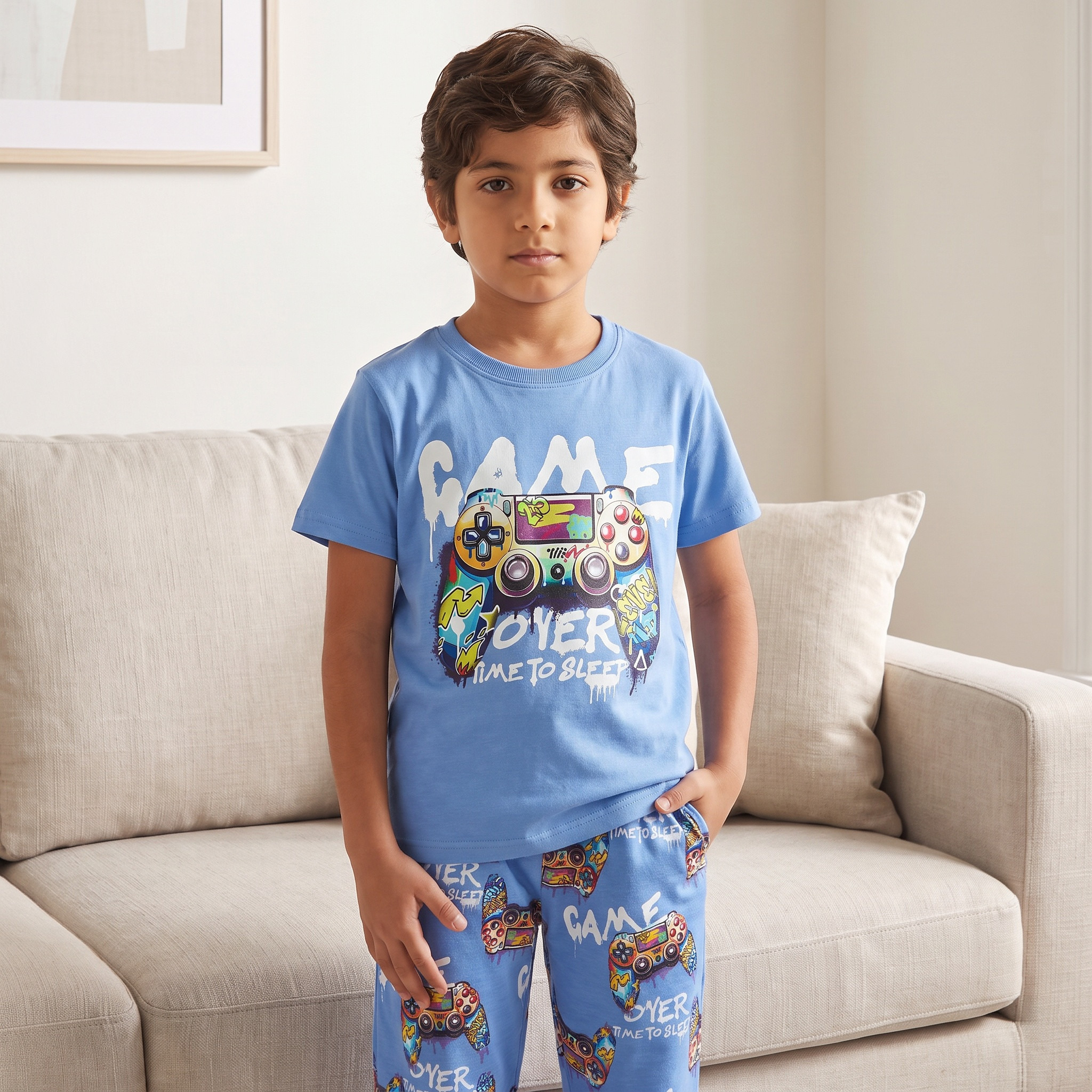 Juniors Cotton Crew Neck Short Sleeves Pyjama Set with Gaming Print-boys-clothing-nightwear-image-2