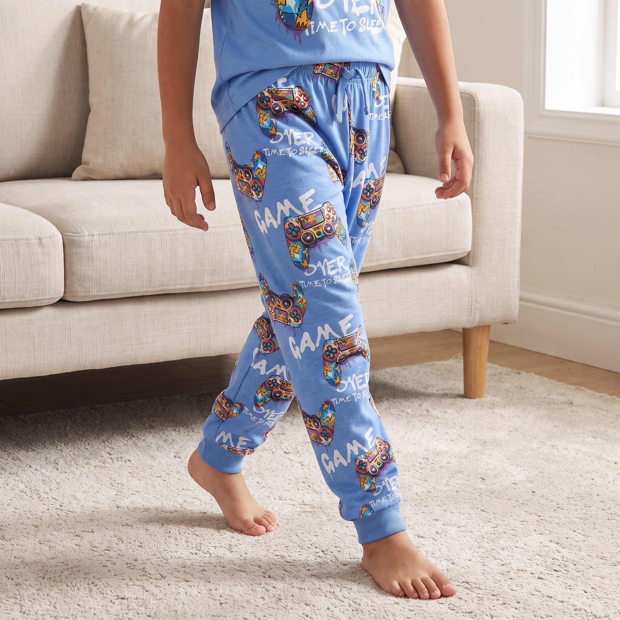 Juniors Cotton Crew Neck Short Sleeves Pyjama Set with Gaming Print-boys-clothing-nightwear-image-3