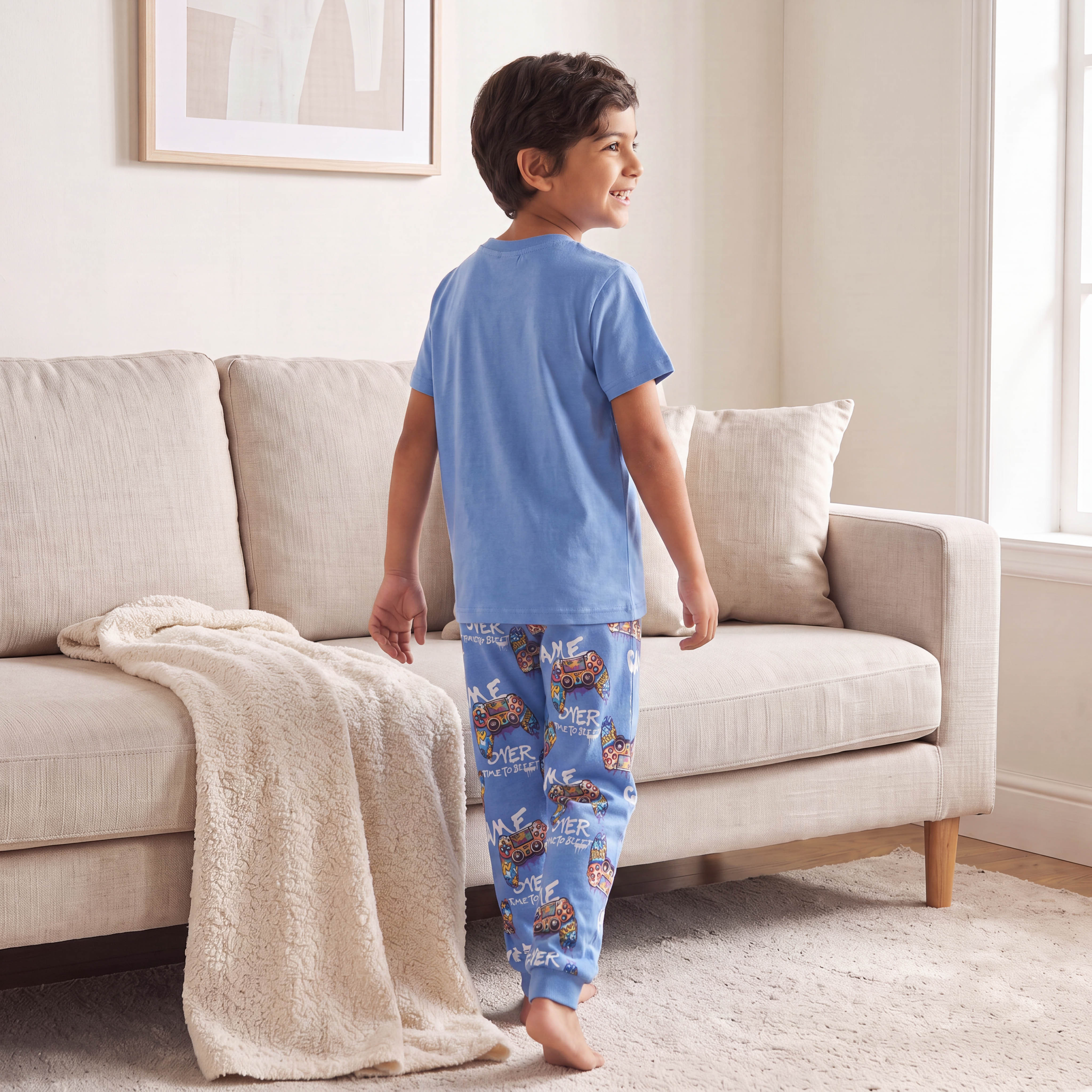 Juniors Cotton Crew Neck Short Sleeves Pyjama Set with Gaming Print-boys-clothing-nightwear-image-4