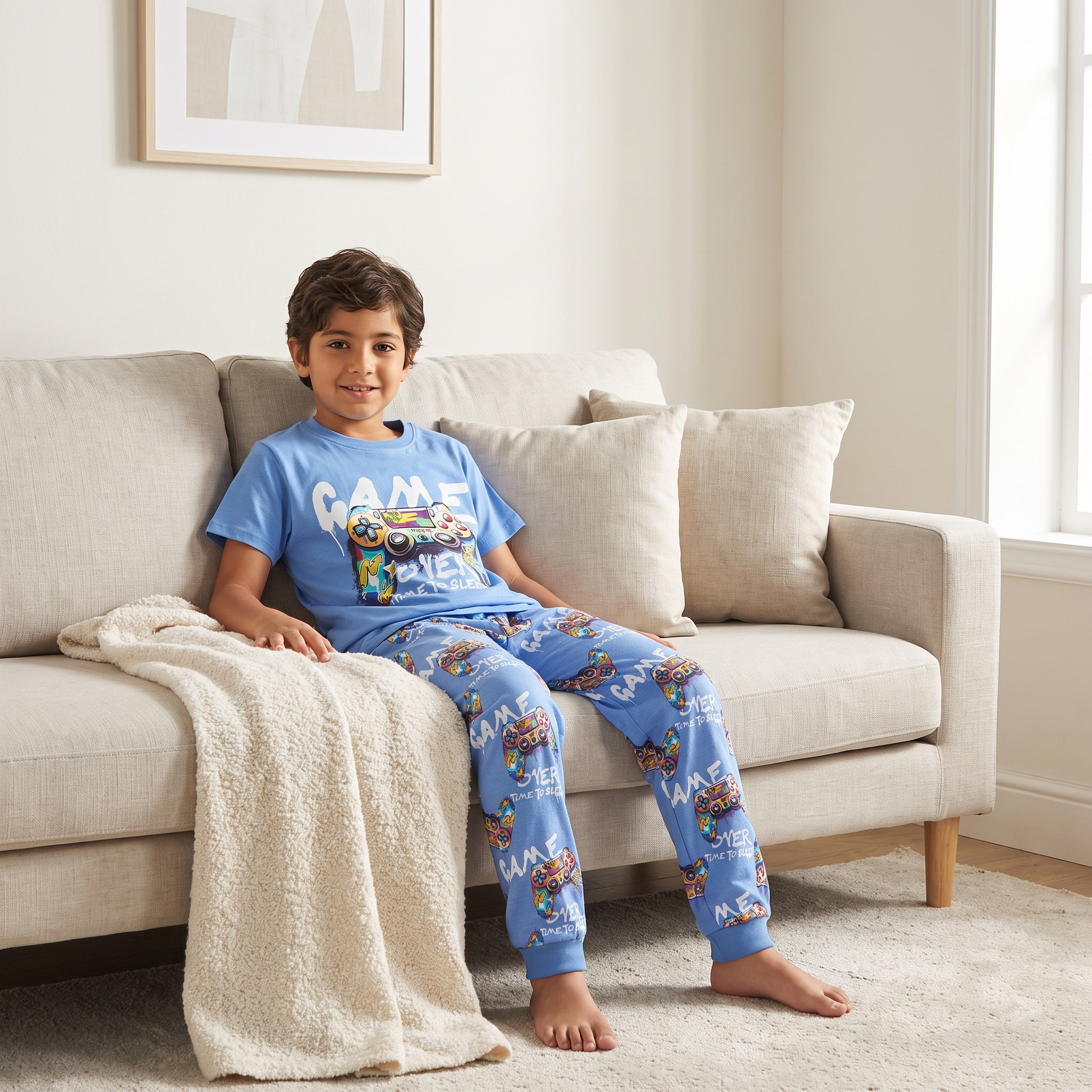Juniors Cotton Crew Neck Short Sleeves Pyjama Set with Gaming Print-boys-clothing-nightwear-image-5