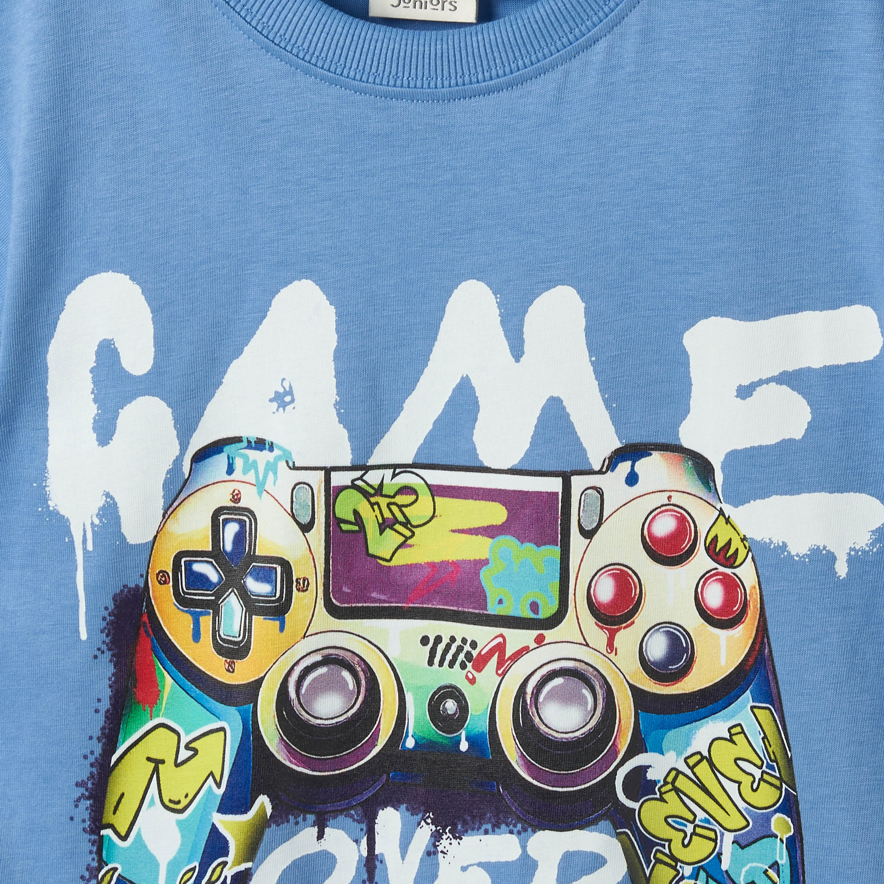 Juniors Cotton Crew Neck Short Sleeves Pyjama Set with Gaming Print-boys-clothing-nightwear-image-6