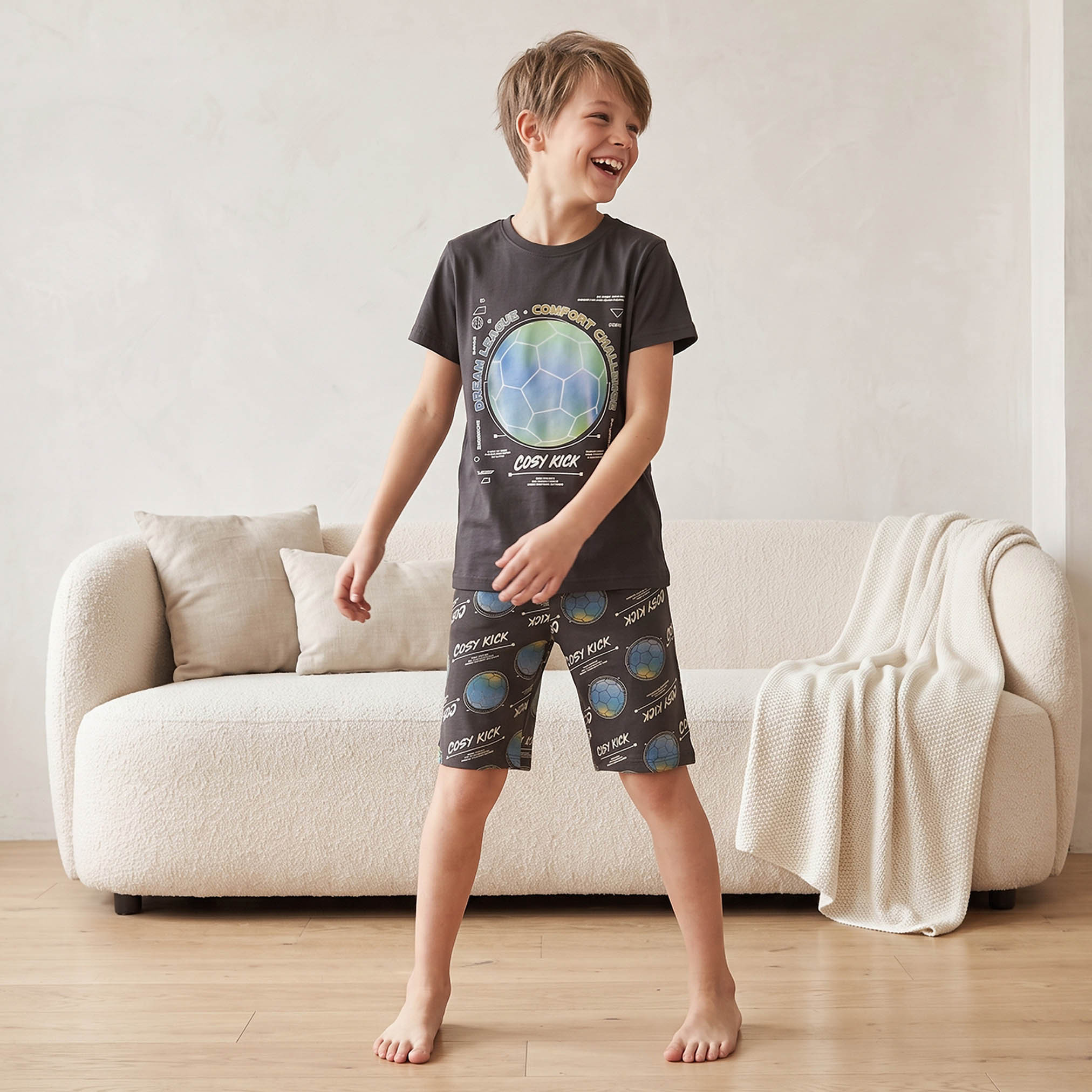 Juniors Cotton Crew Neck Short Sleeves Shorts Set with Football Print-boys-clothing-nightwear-image-1