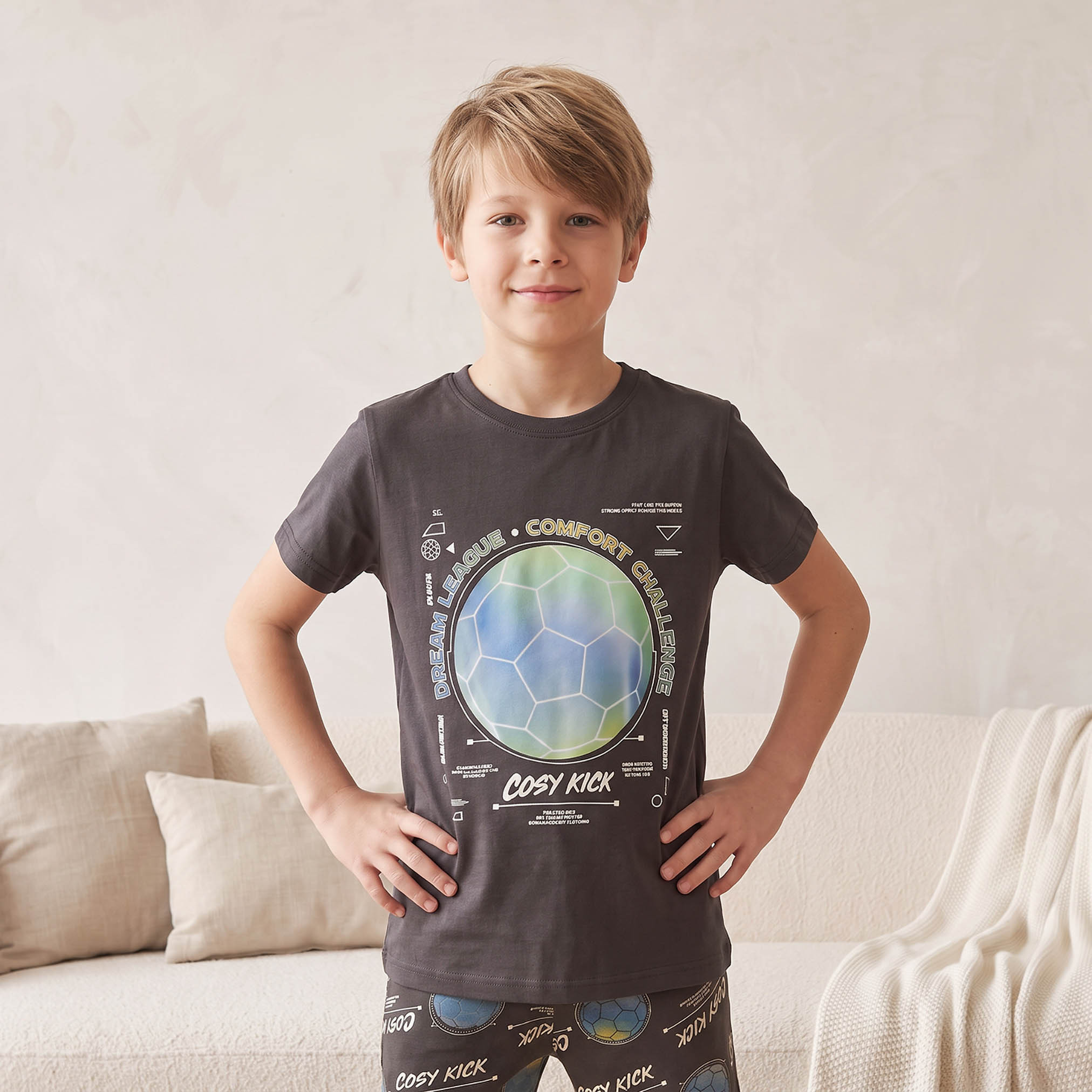 Juniors Cotton Crew Neck Short Sleeves Shorts Set with Football Print-boys-clothing-nightwear-image-3