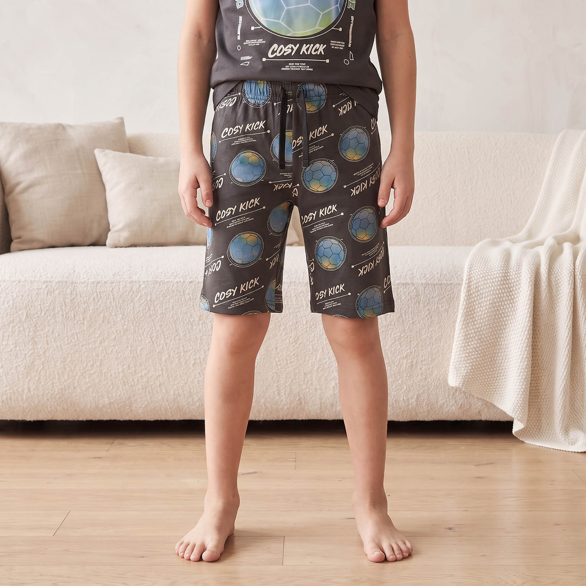 Juniors Cotton Crew Neck Short Sleeves Shorts Set with Football Print-boys-clothing-nightwear-image-4