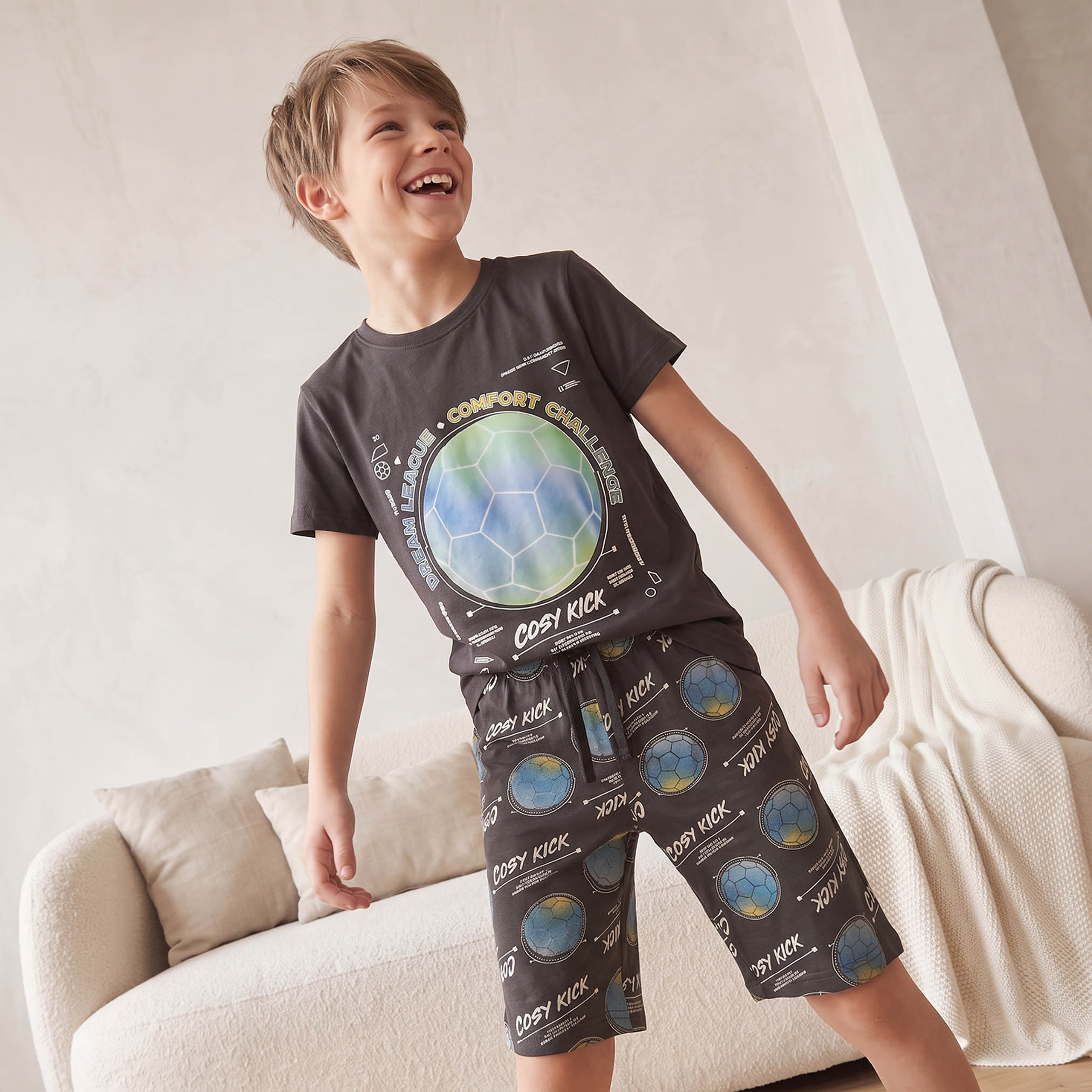 Juniors Cotton Crew Neck Short Sleeves Shorts Set with Football Print-boys-clothing-nightwear-image-5