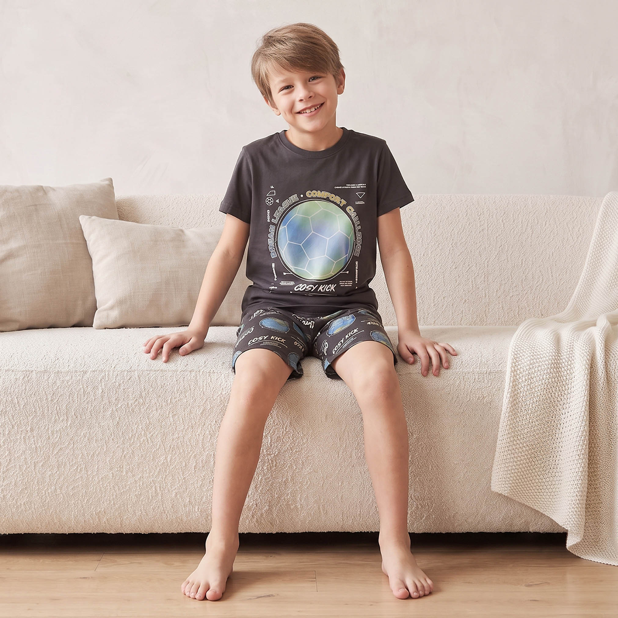 Juniors Cotton Crew Neck Short Sleeves Shorts Set with Football Print-boys-clothing-nightwear-image-6