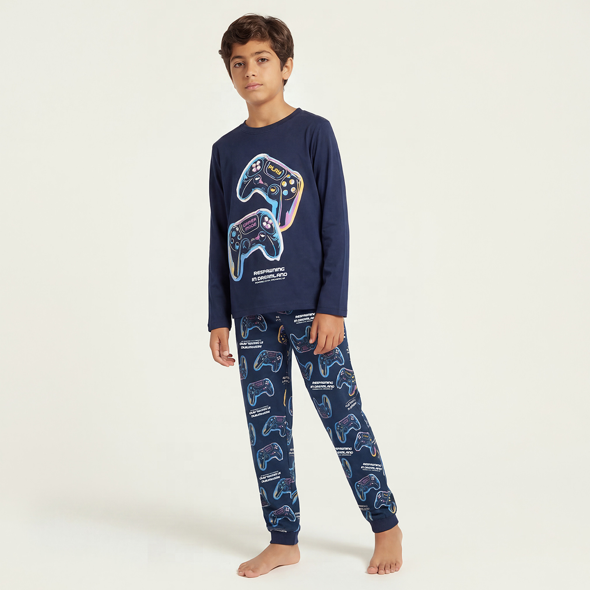 Juniors Cotton Crew Neck Long Sleeves Pyjama Set with Game Print-boys-clothing-nightwear-image-1