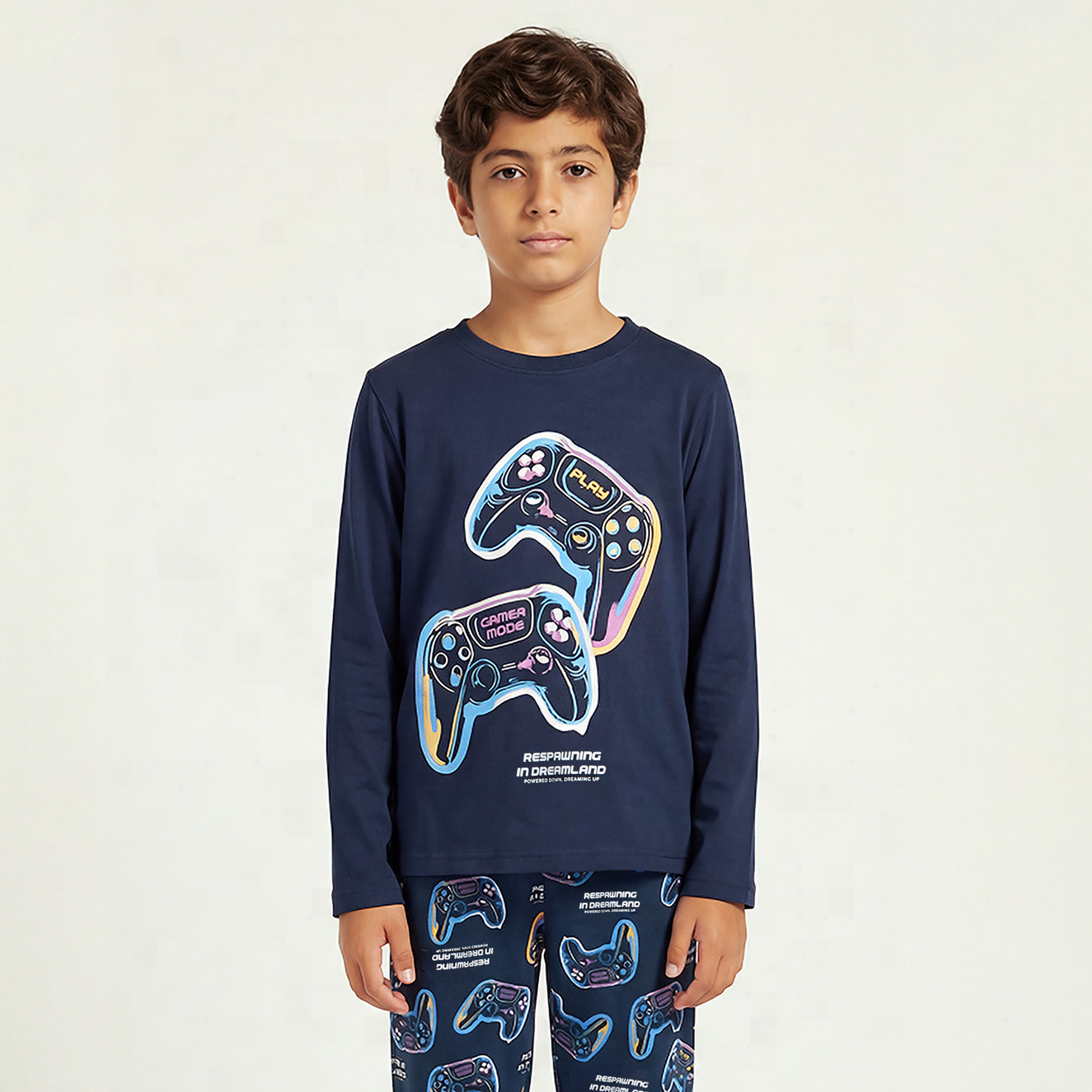 Juniors Cotton Crew Neck Long Sleeves Pyjama Set with Game Print-boys-clothing-nightwear-image-2
