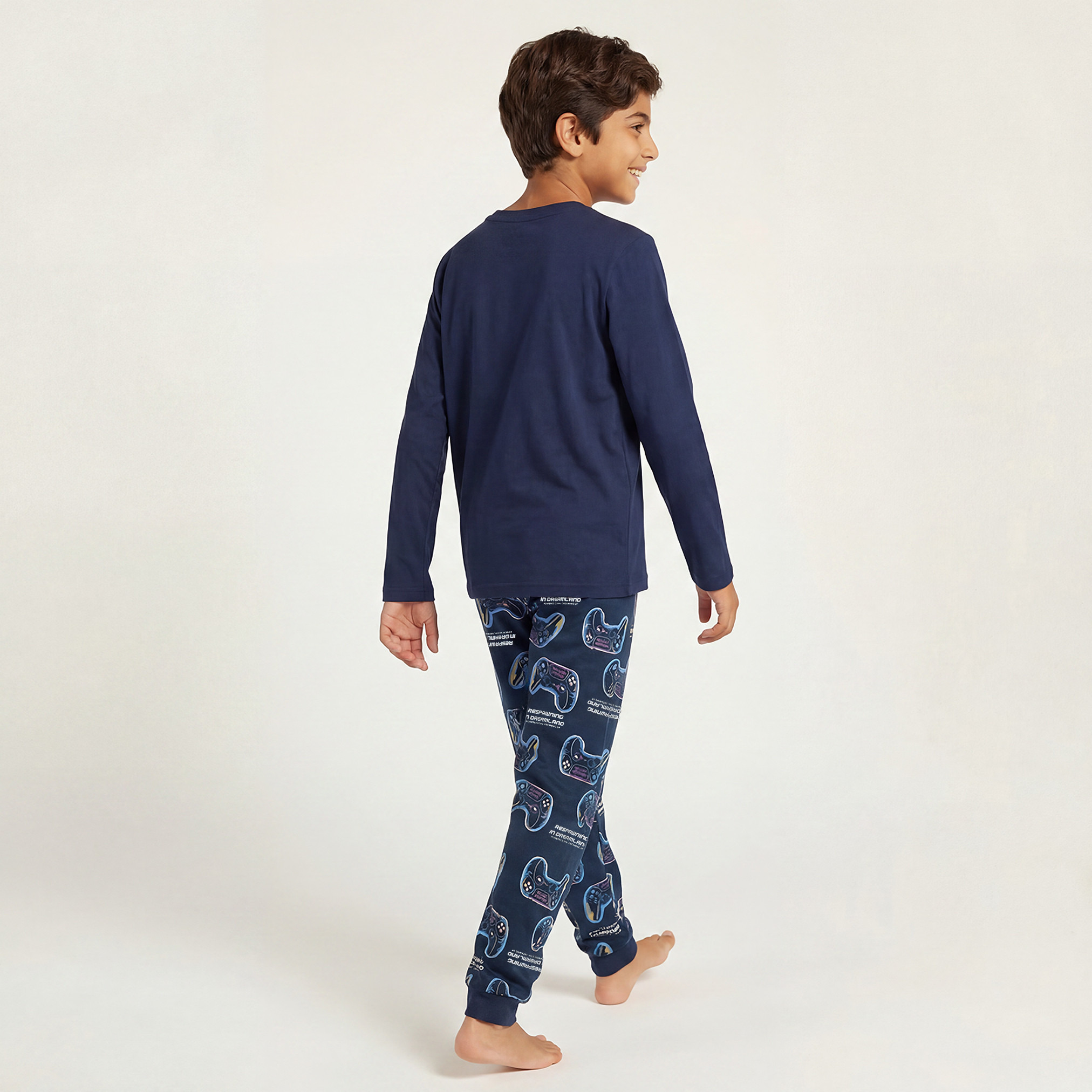 Juniors Cotton Crew Neck Long Sleeves Pyjama Set with Game Print-boys-clothing-nightwear-image-3