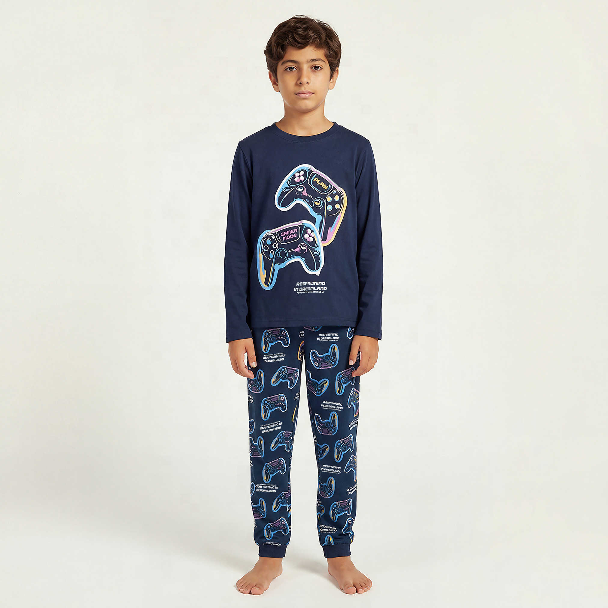 Juniors Cotton Crew Neck Long Sleeves Pyjama Set with Game Print-boys-clothing-nightwear-image-7
