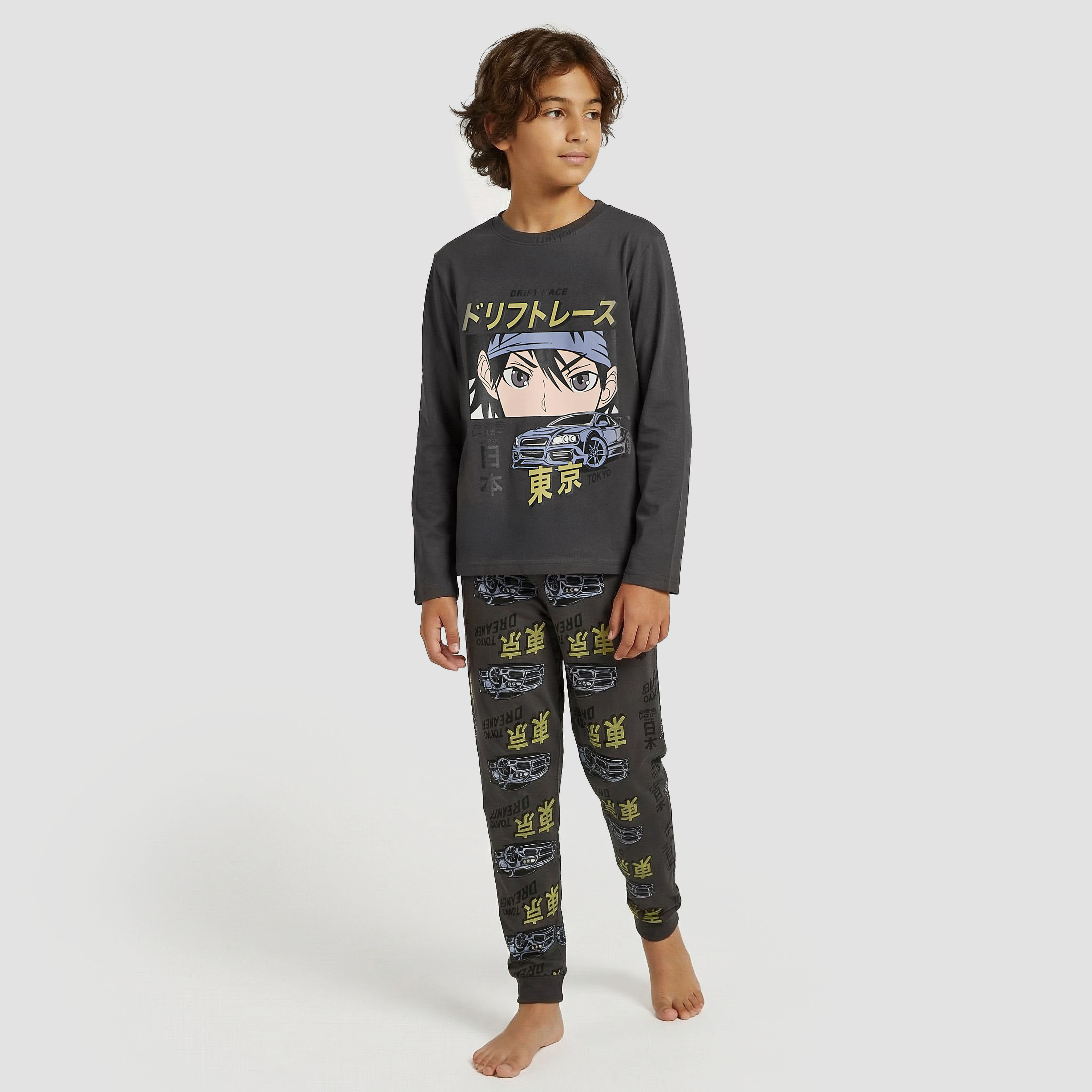 Juniors Cotton Crew Neck Long Sleeve Pyjama Set with Anime Print-boys-clothing-nightwear-image-1