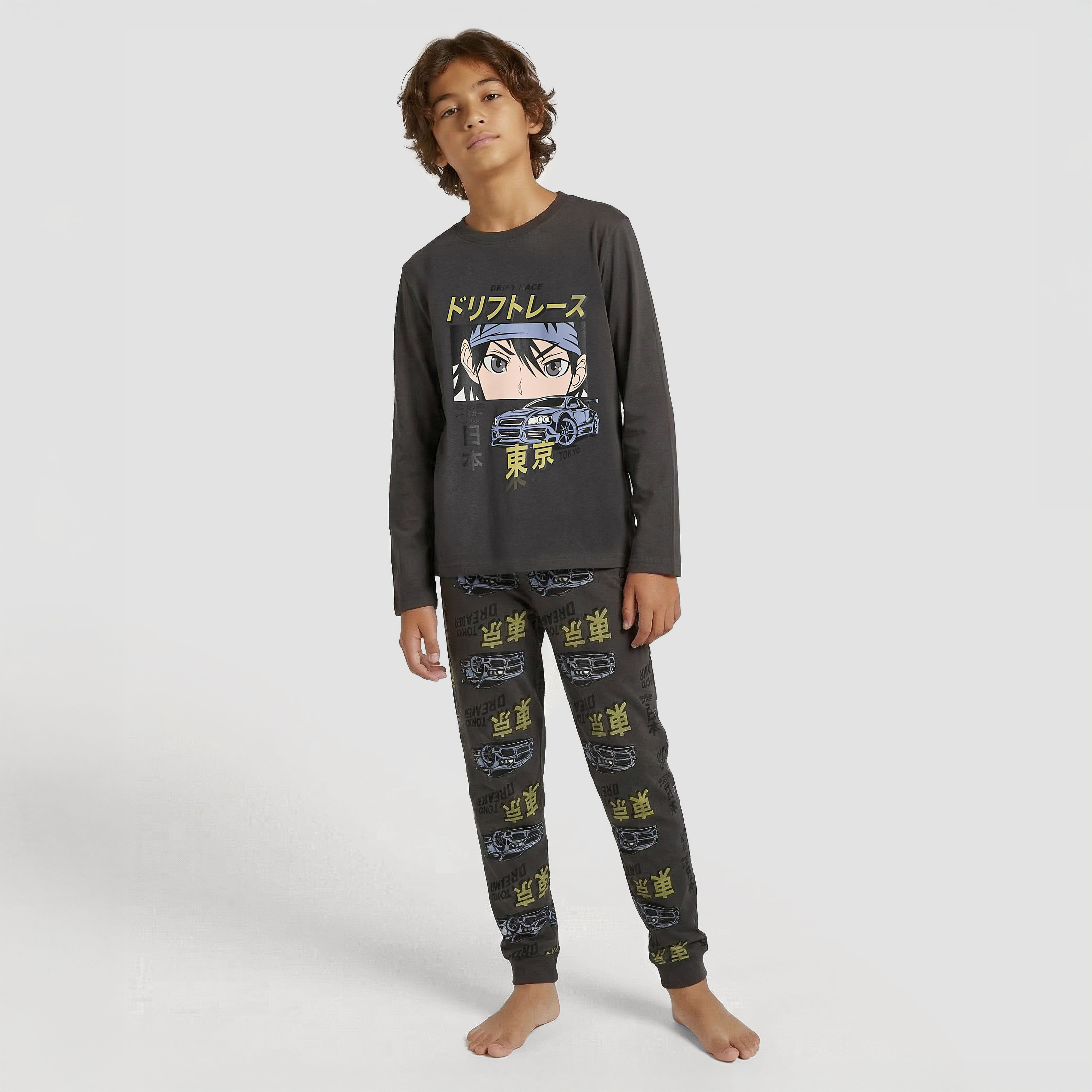 Juniors Cotton Crew Neck Long Sleeve Pyjama Set with Anime Print-boys-clothing-nightwear-image-2