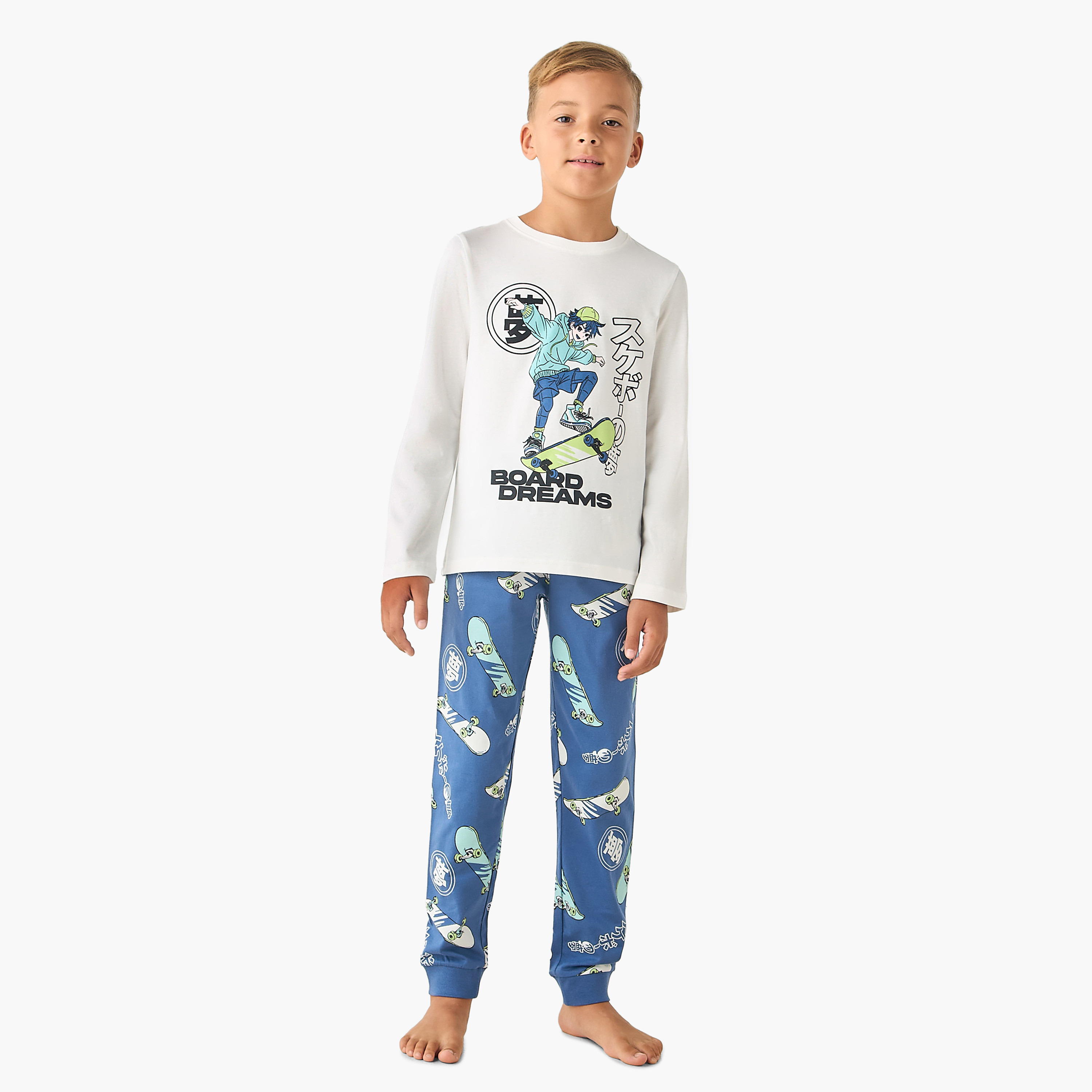 Juniors Cotton Crew Neck Long Sleeves Pyjama Set with Graphic Print-boys-clothing-nightwear-image-1
