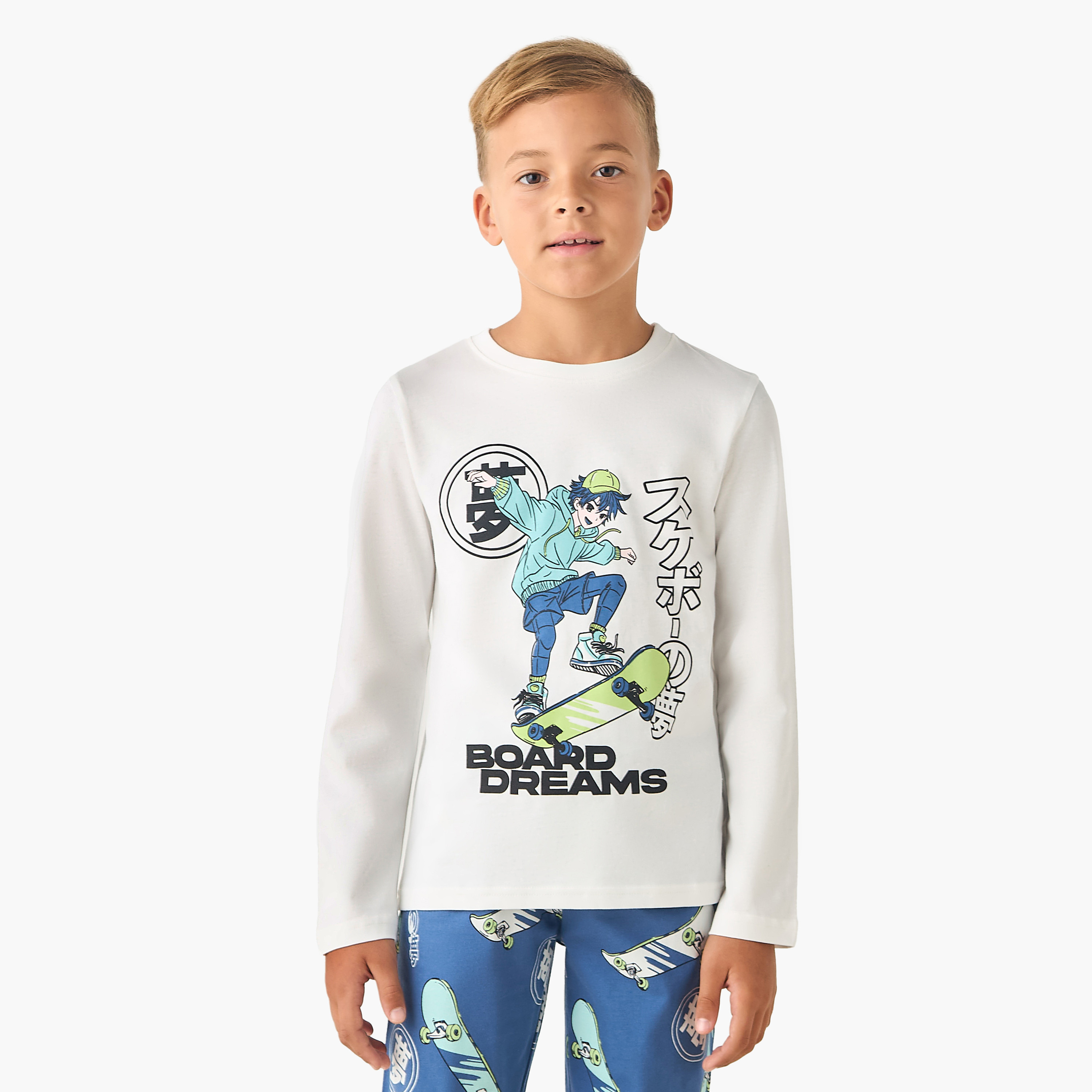 Juniors Cotton Crew Neck Long Sleeves Pyjama Set with Graphic Print-boys-clothing-nightwear-image-2