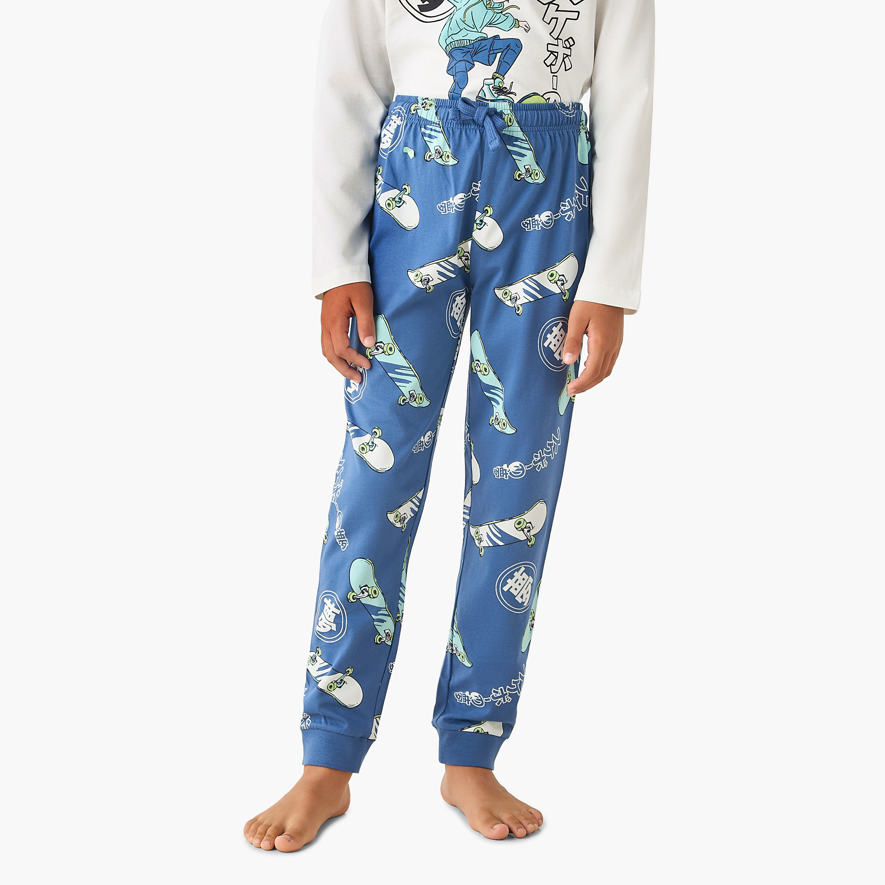 Juniors Cotton Crew Neck Long Sleeves Pyjama Set with Graphic Print-boys-clothing-nightwear-image-3