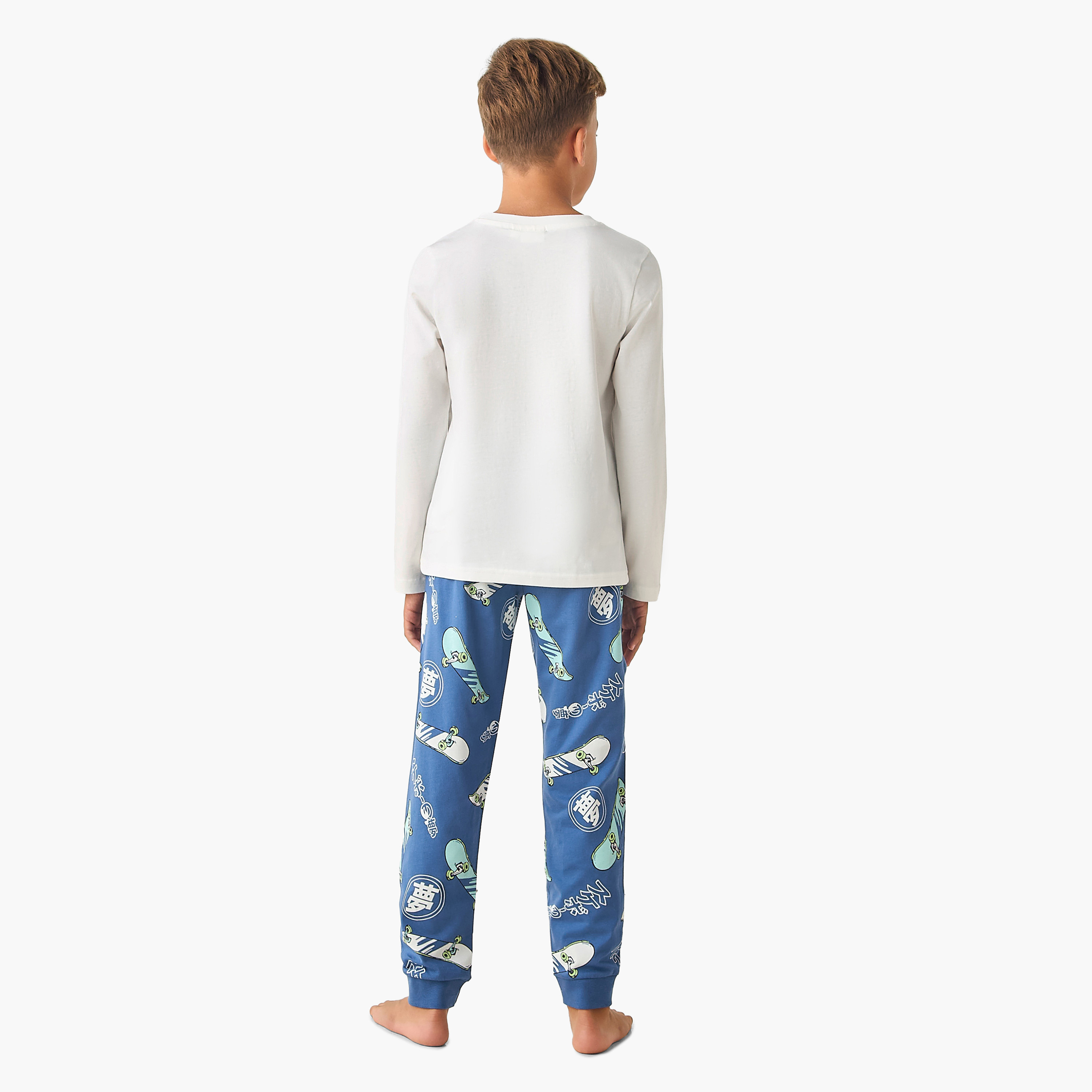 Juniors Cotton Crew Neck Long Sleeves Pyjama Set with Graphic Print-boys-clothing-nightwear-image-4