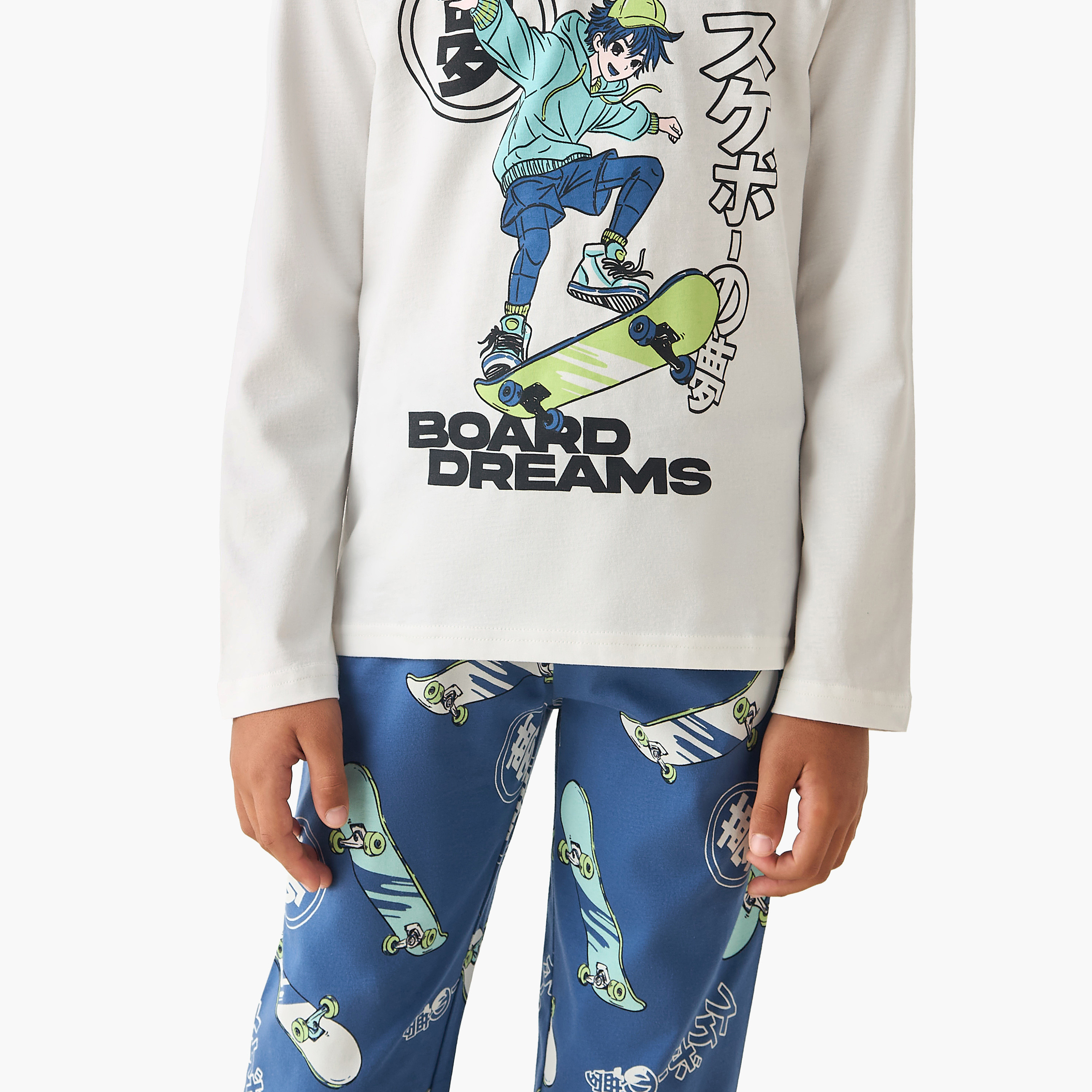 Juniors Cotton Crew Neck Long Sleeves Pyjama Set with Graphic Print-boys-clothing-nightwear-image-5