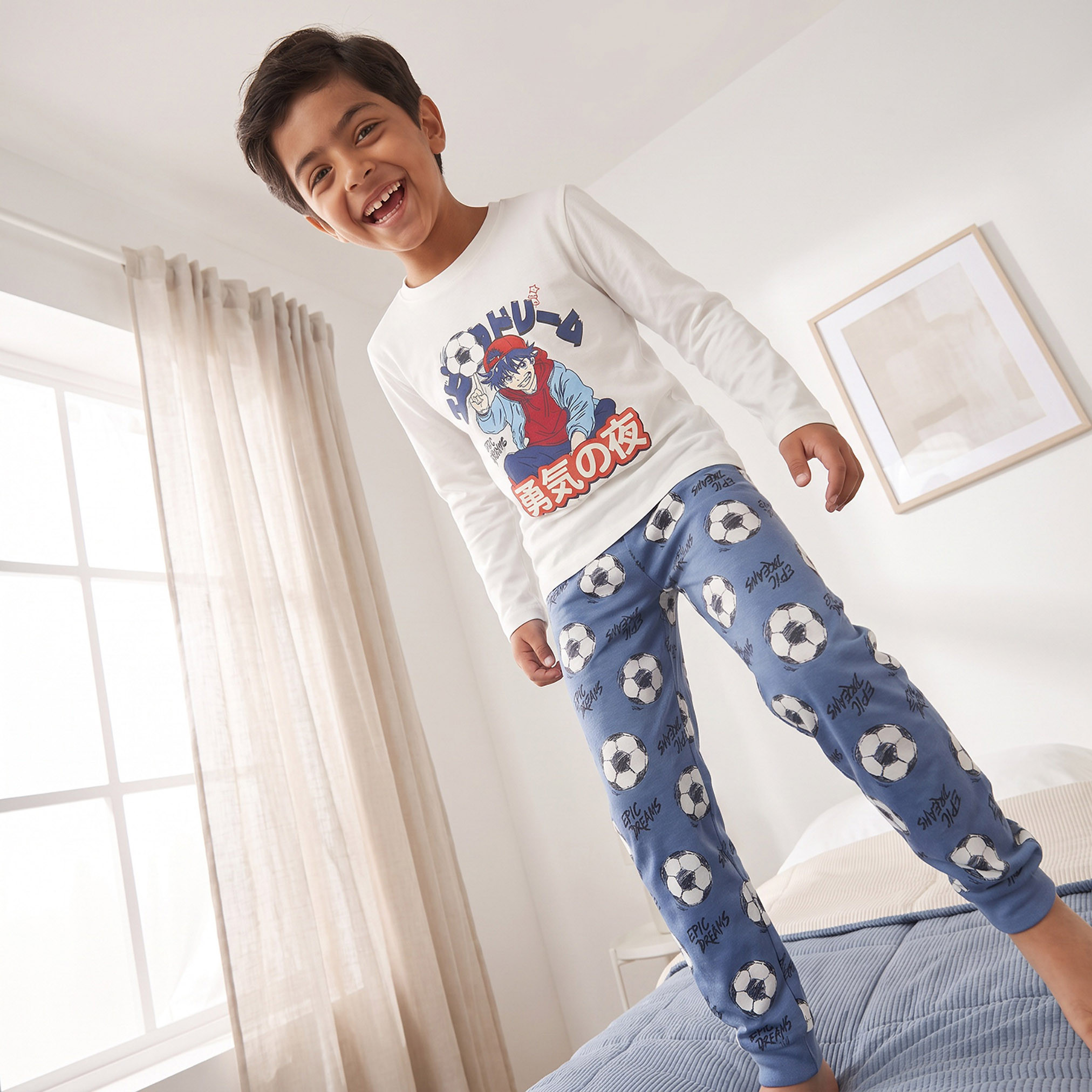 Juniors Cotton Crew Neck Long Sleeves Pyjama Set with Anime Print-boys-clothing-nightwear-image-1