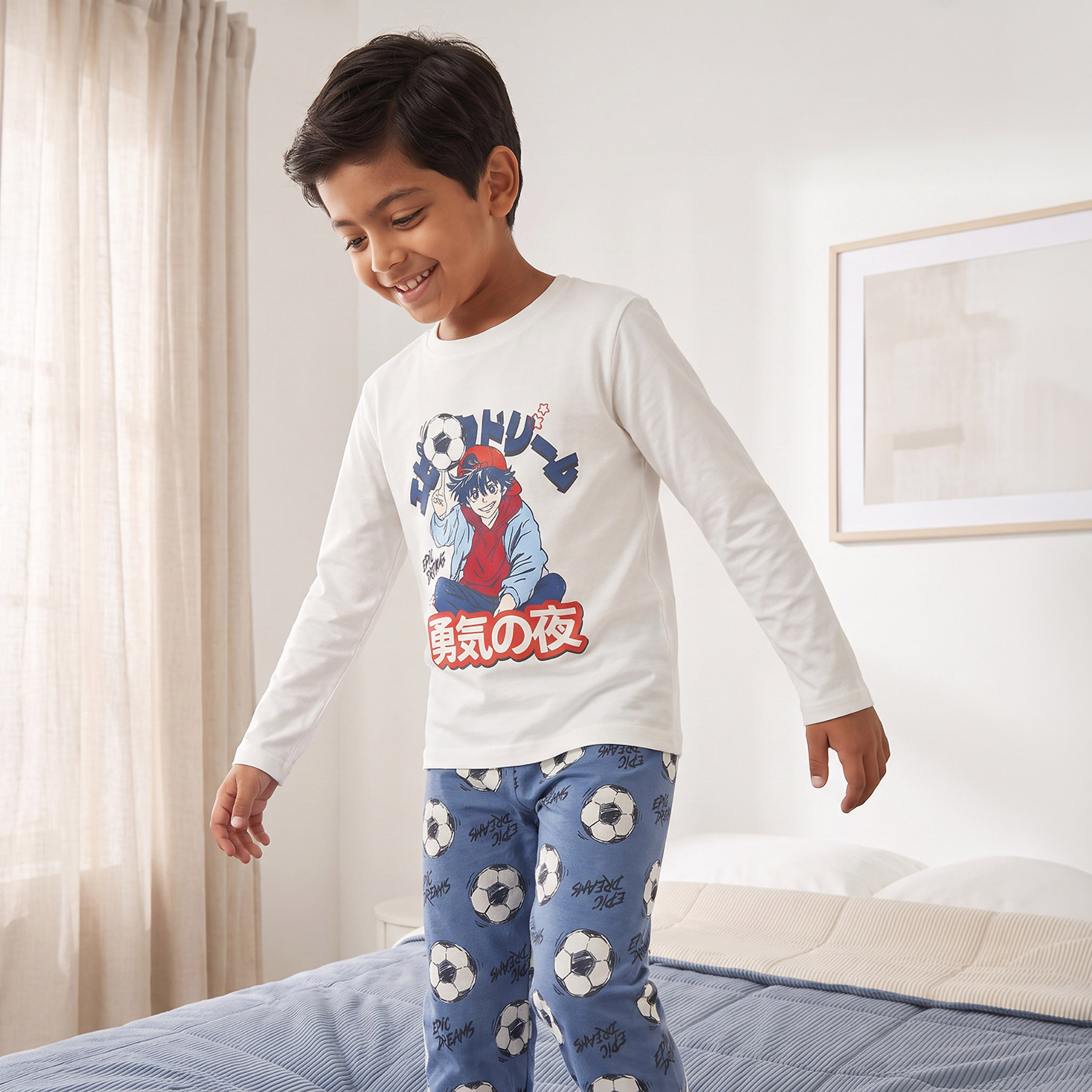 Juniors Cotton Crew Neck Long Sleeves Pyjama Set with Anime Print-boys-clothing-nightwear-image-2