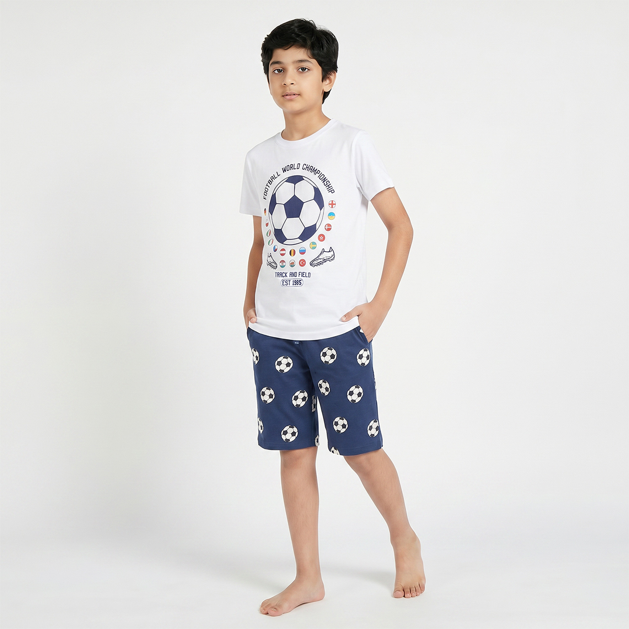 Juniors Cotton Crew Neck Short Sleeves Shorts Set with Football Print-boys-clothing-nightwear-image-1