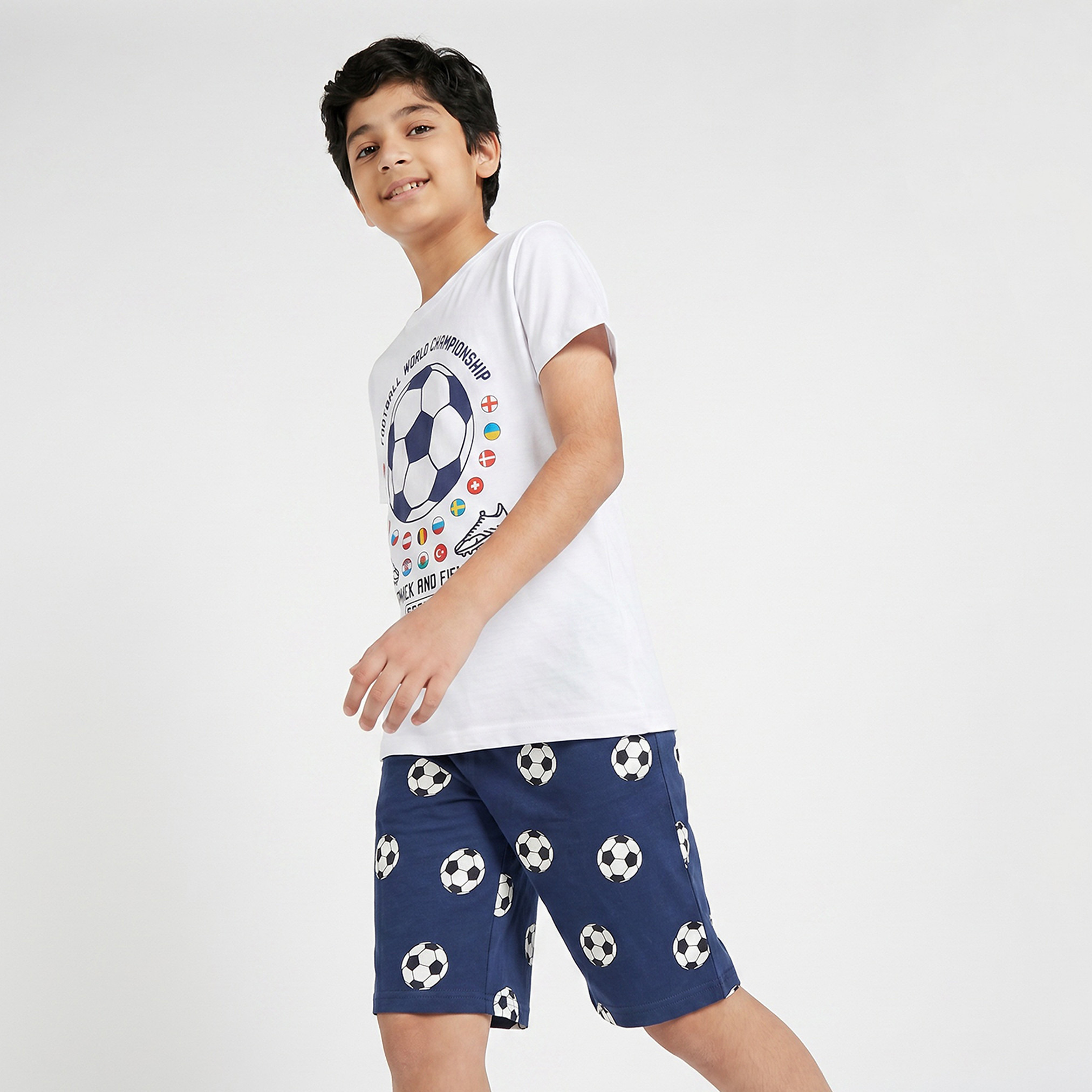 Juniors Cotton Crew Neck Short Sleeves Shorts Set with Football Print-boys-clothing-nightwear-image-2