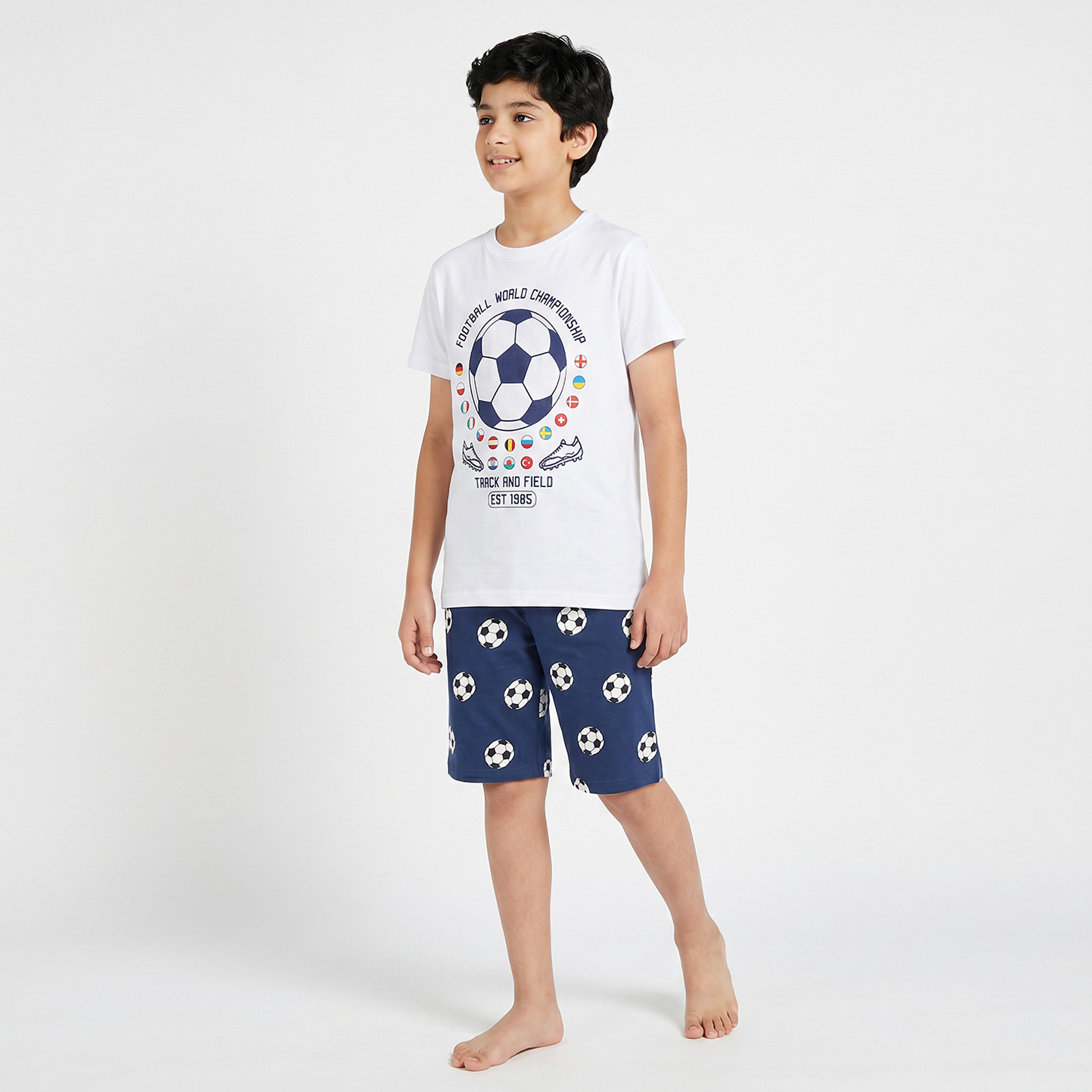 Juniors Cotton Crew Neck Short Sleeves Shorts Set with Football Print-boys-clothing-nightwear-image-7