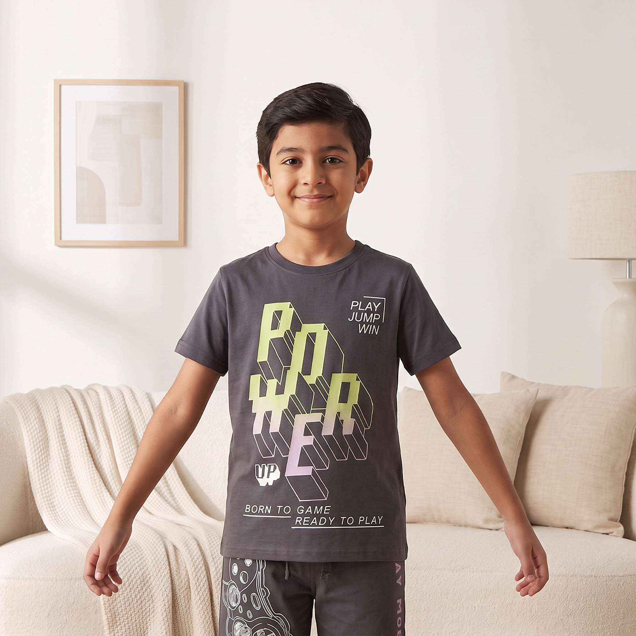Juniors Cotton Crew Neck Short Sleeves Shorts Set with Gaming Print-boys-clothing-nightwear-image-3