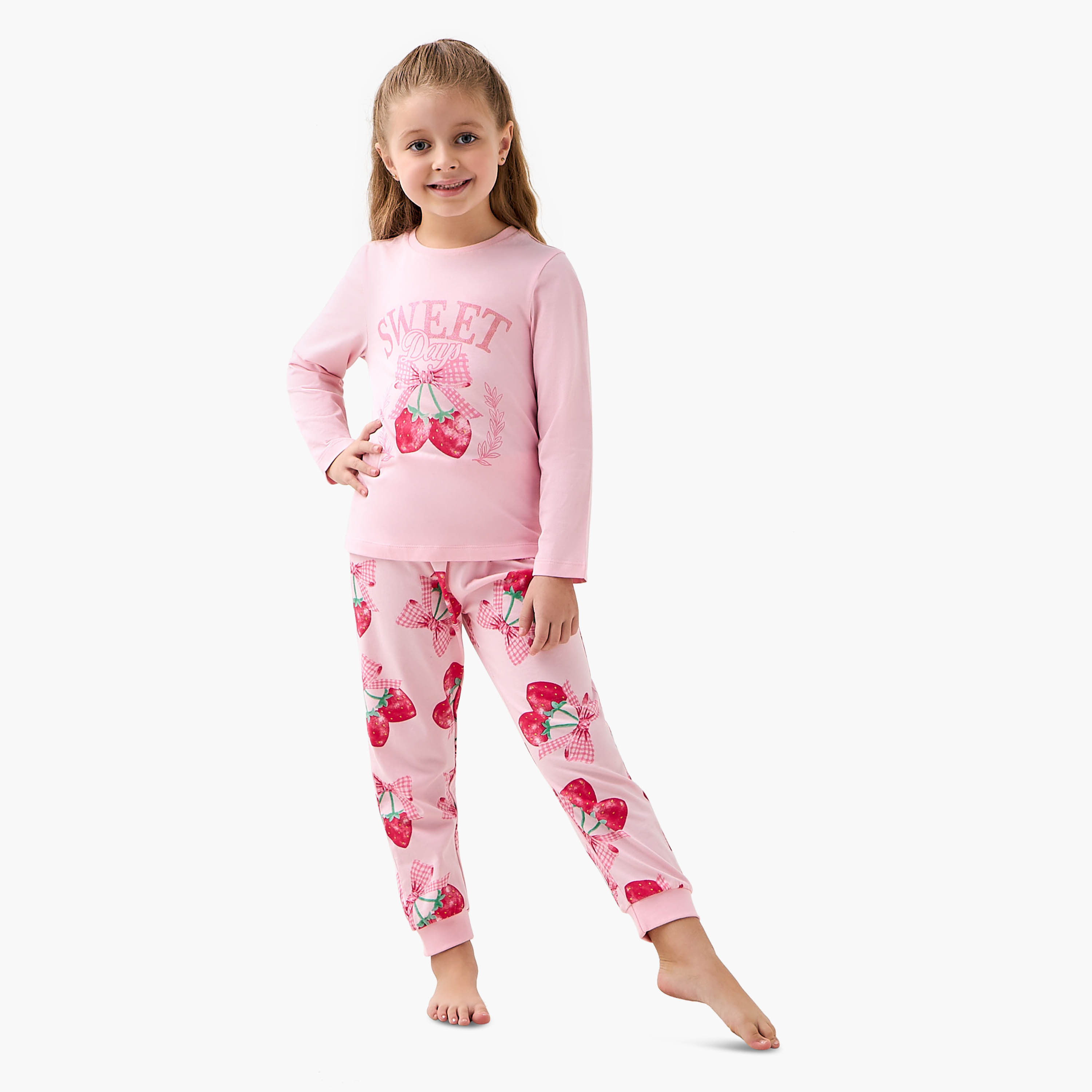 Juniors Cotton Crew Neck Long Sleeves Pyjama Set with Strawberry Print-girls-clothing-nightwear-image-1