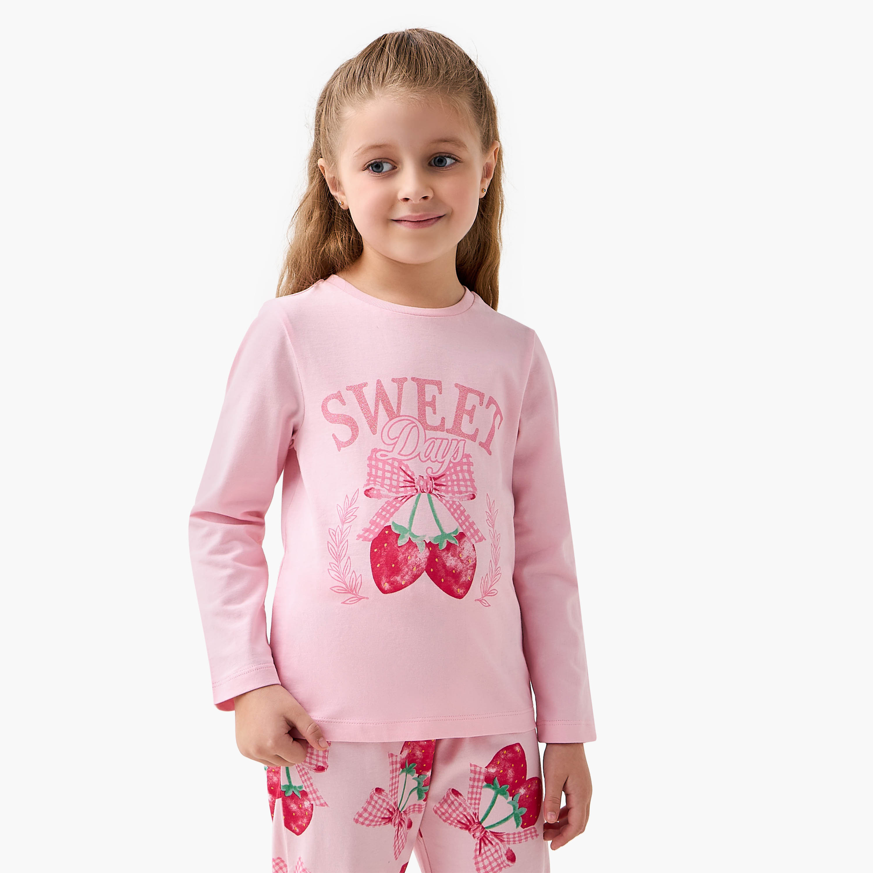 Juniors Cotton Crew Neck Long Sleeves Pyjama Set with Strawberry Print-girls-clothing-nightwear-image-2