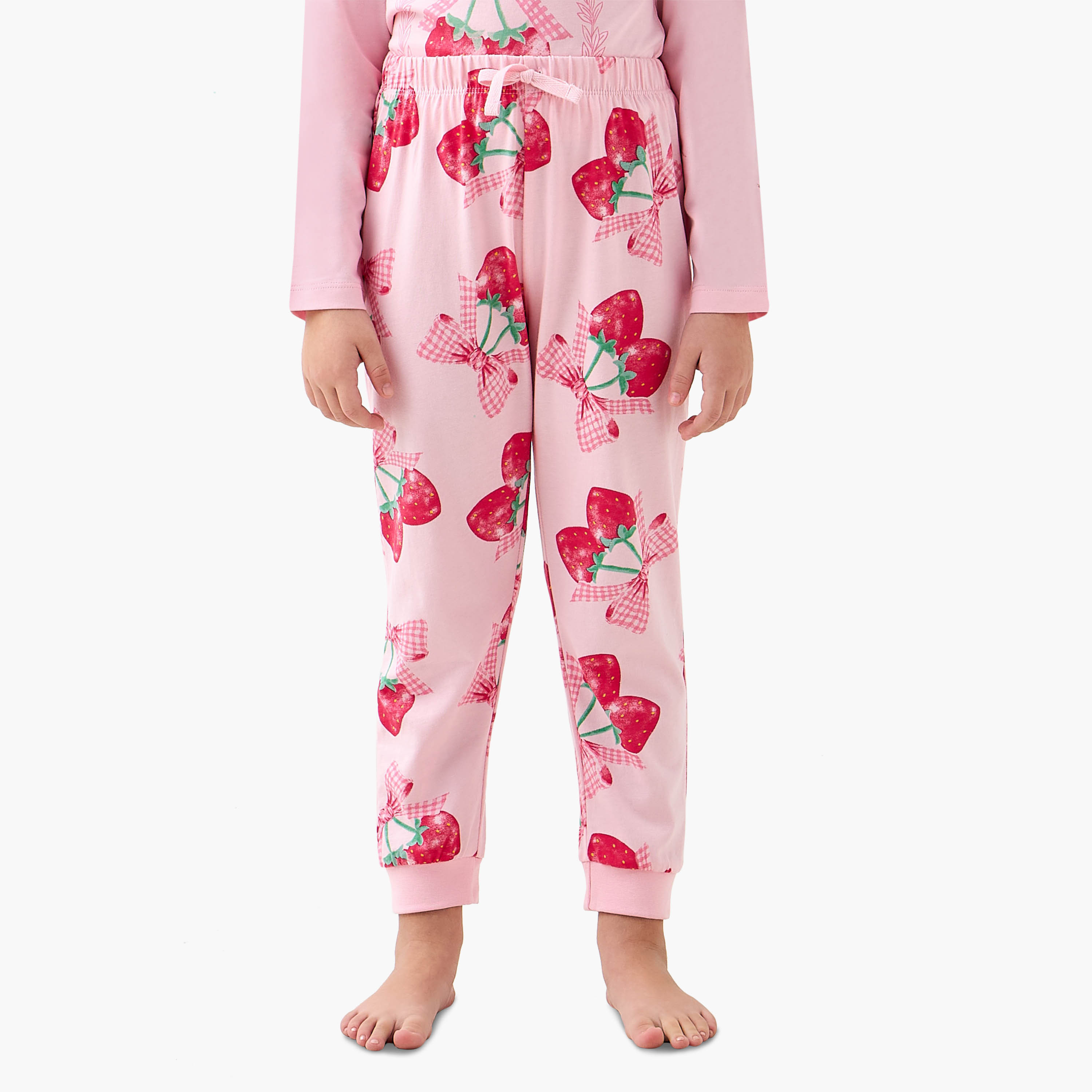 Juniors Cotton Crew Neck Long Sleeves Pyjama Set with Strawberry Print-girls-clothing-nightwear-image-3