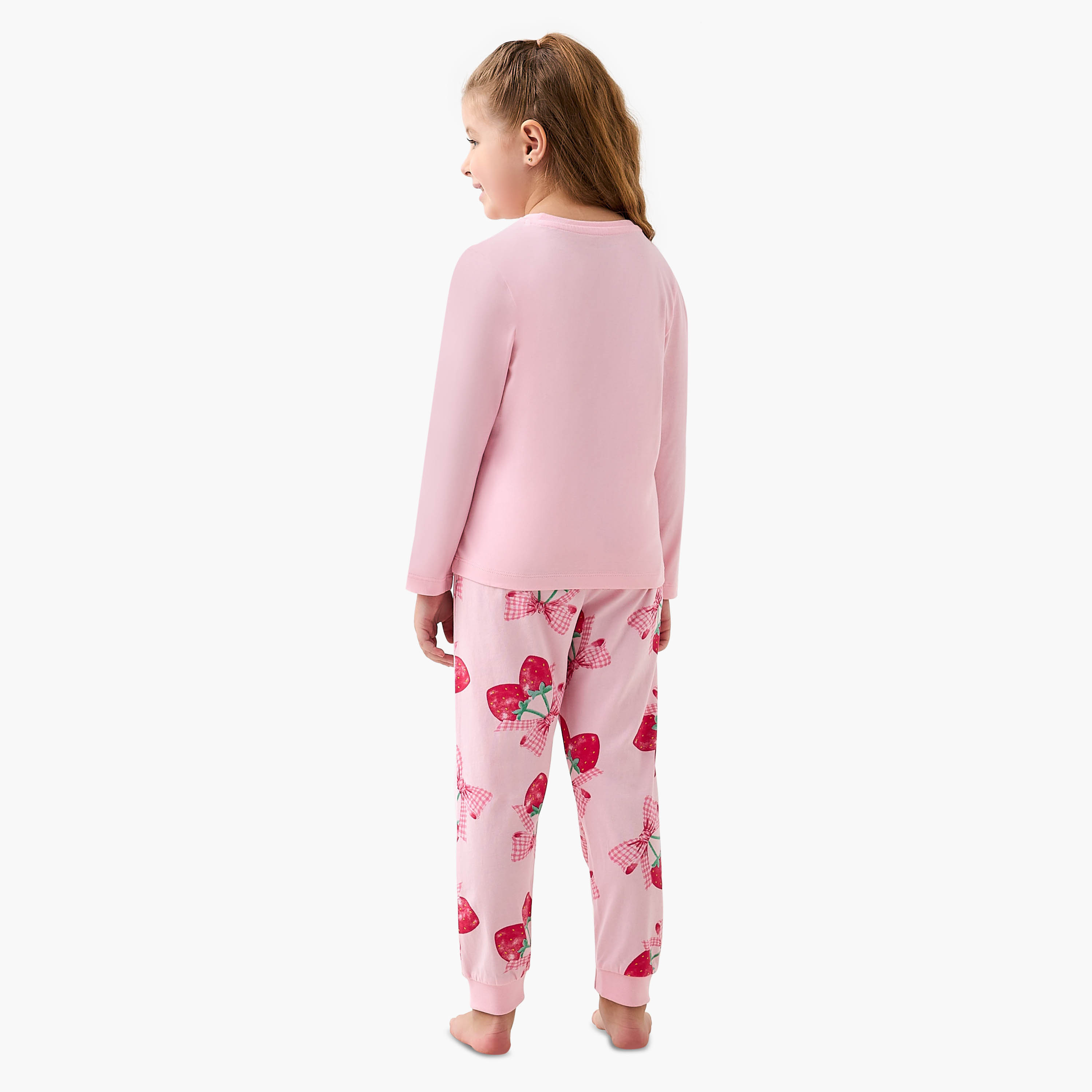Juniors Cotton Crew Neck Long Sleeves Pyjama Set with Strawberry Print-girls-clothing-nightwear-image-4