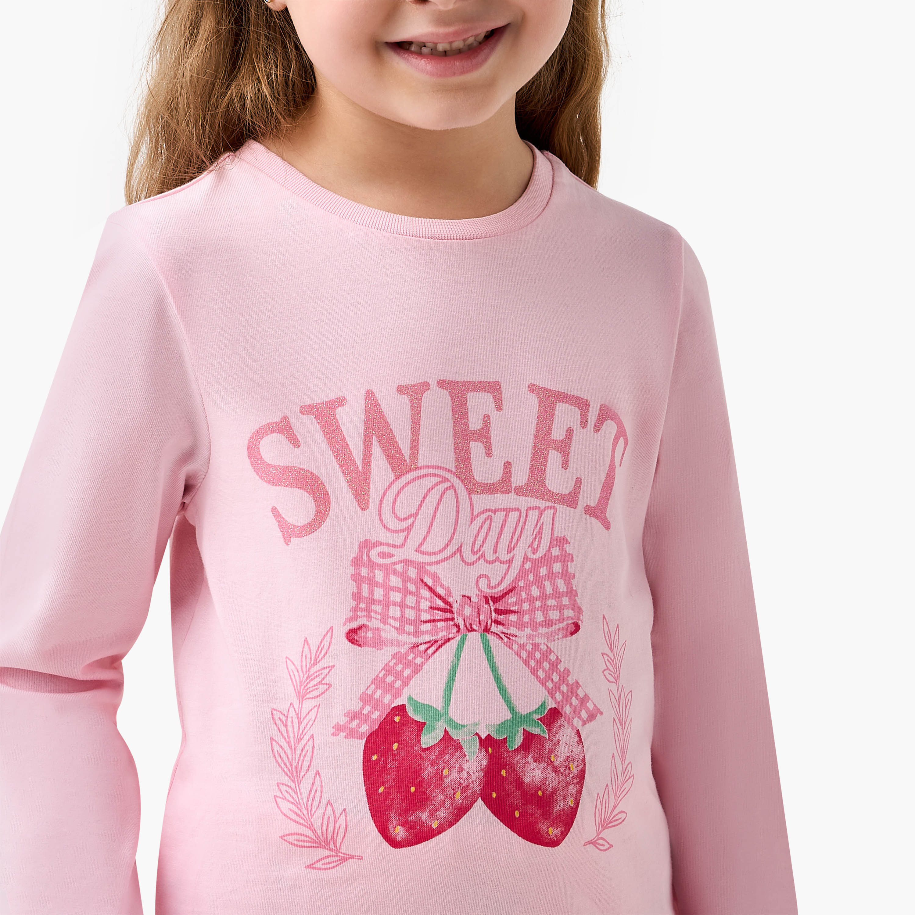 Juniors Cotton Crew Neck Long Sleeves Pyjama Set with Strawberry Print-girls-clothing-nightwear-image-5