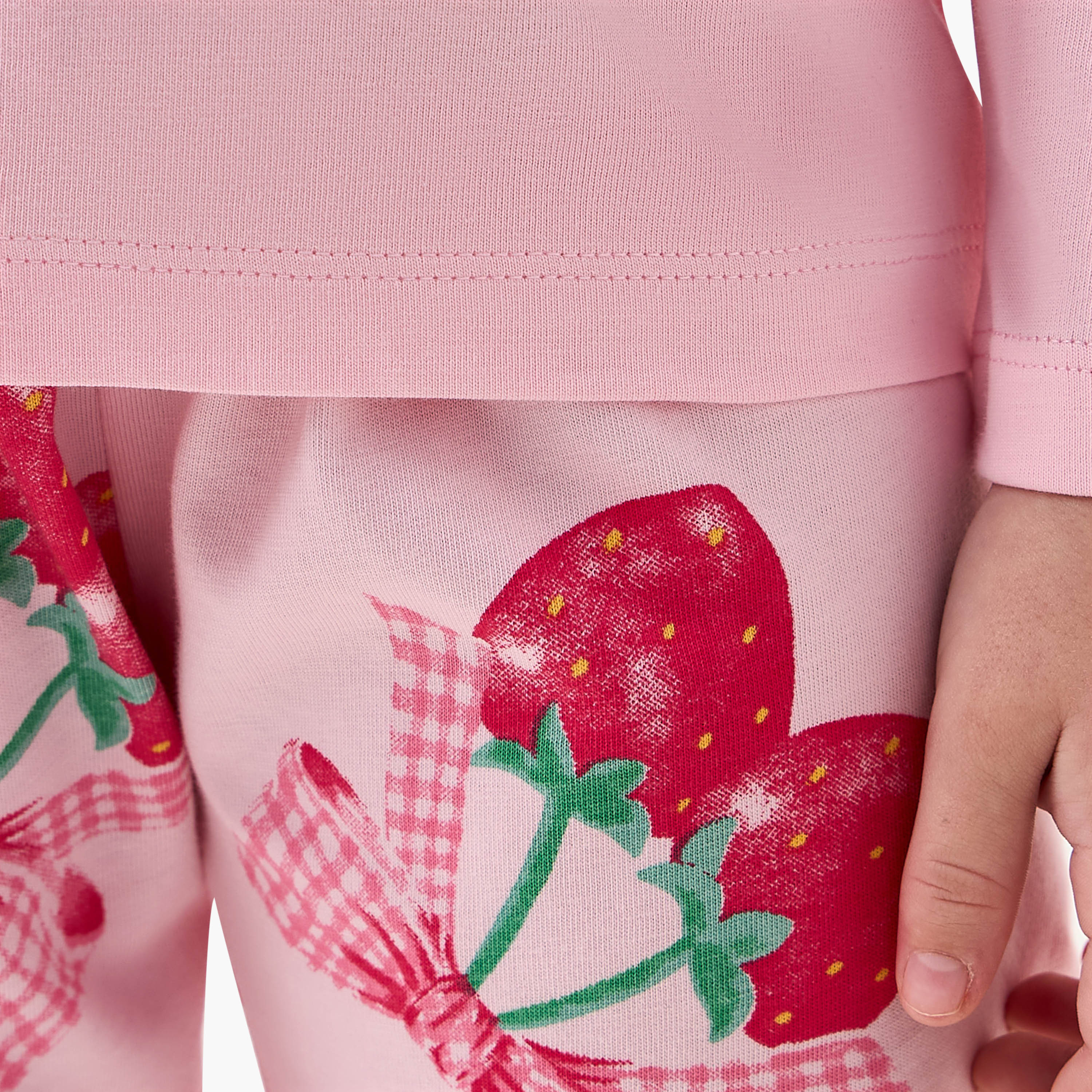 Juniors Cotton Crew Neck Long Sleeves Pyjama Set with Strawberry Print-girls-clothing-nightwear-image-7