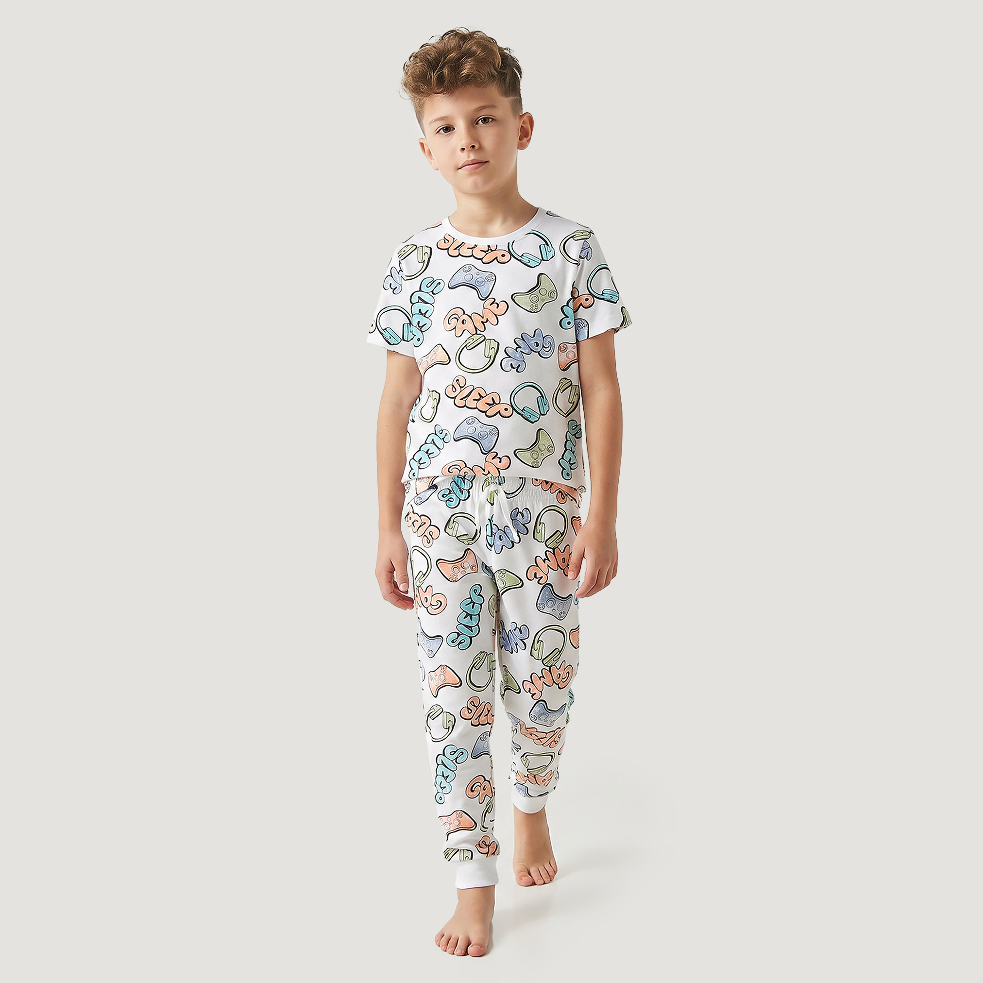 Juniors Cotton Round Neck Short Sleeves Pyjama Set with Gaming Print-boys-clothing-nightwear-image-1