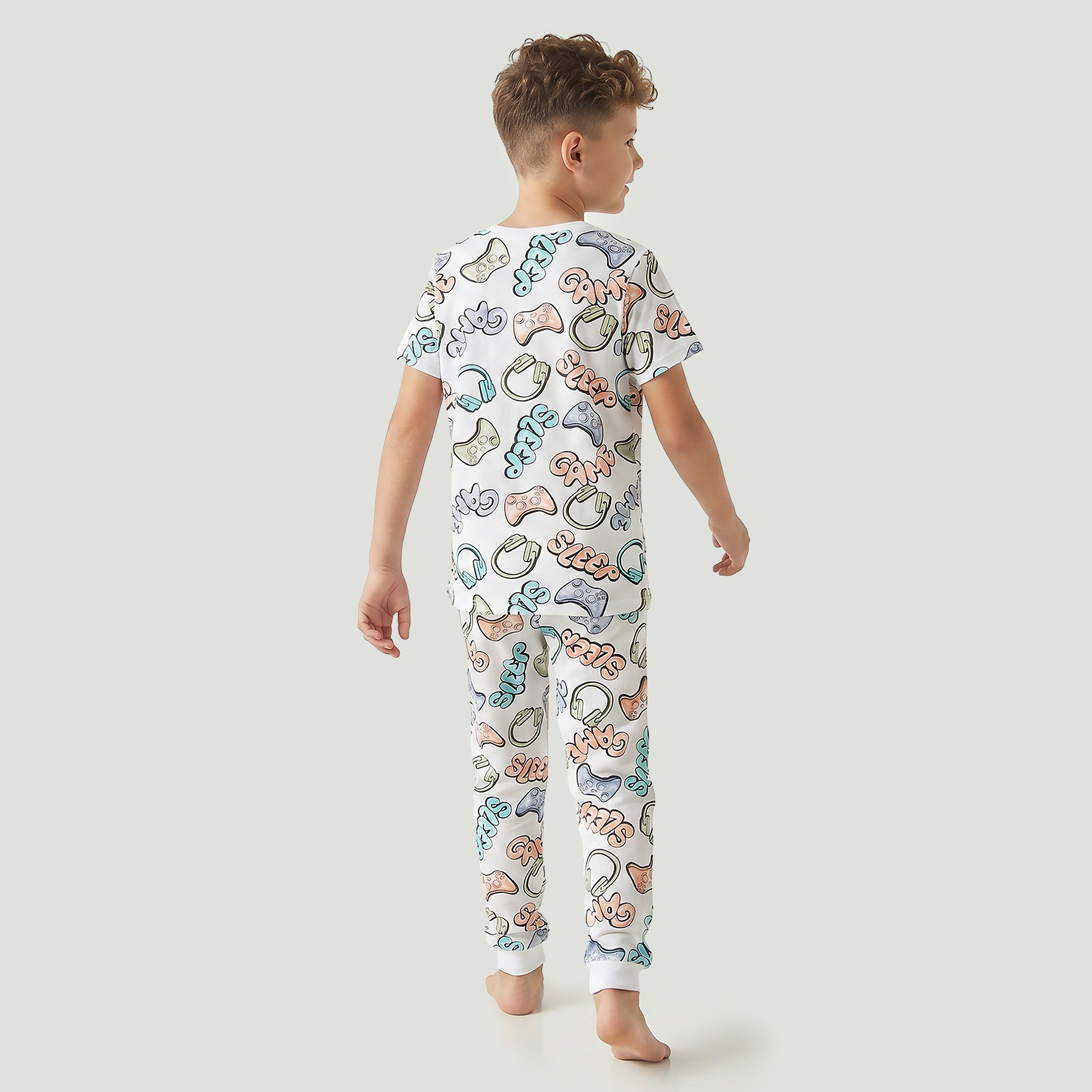 Juniors Cotton Round Neck Short Sleeves Pyjama Set with Gaming Print-boys-clothing-nightwear-image-3