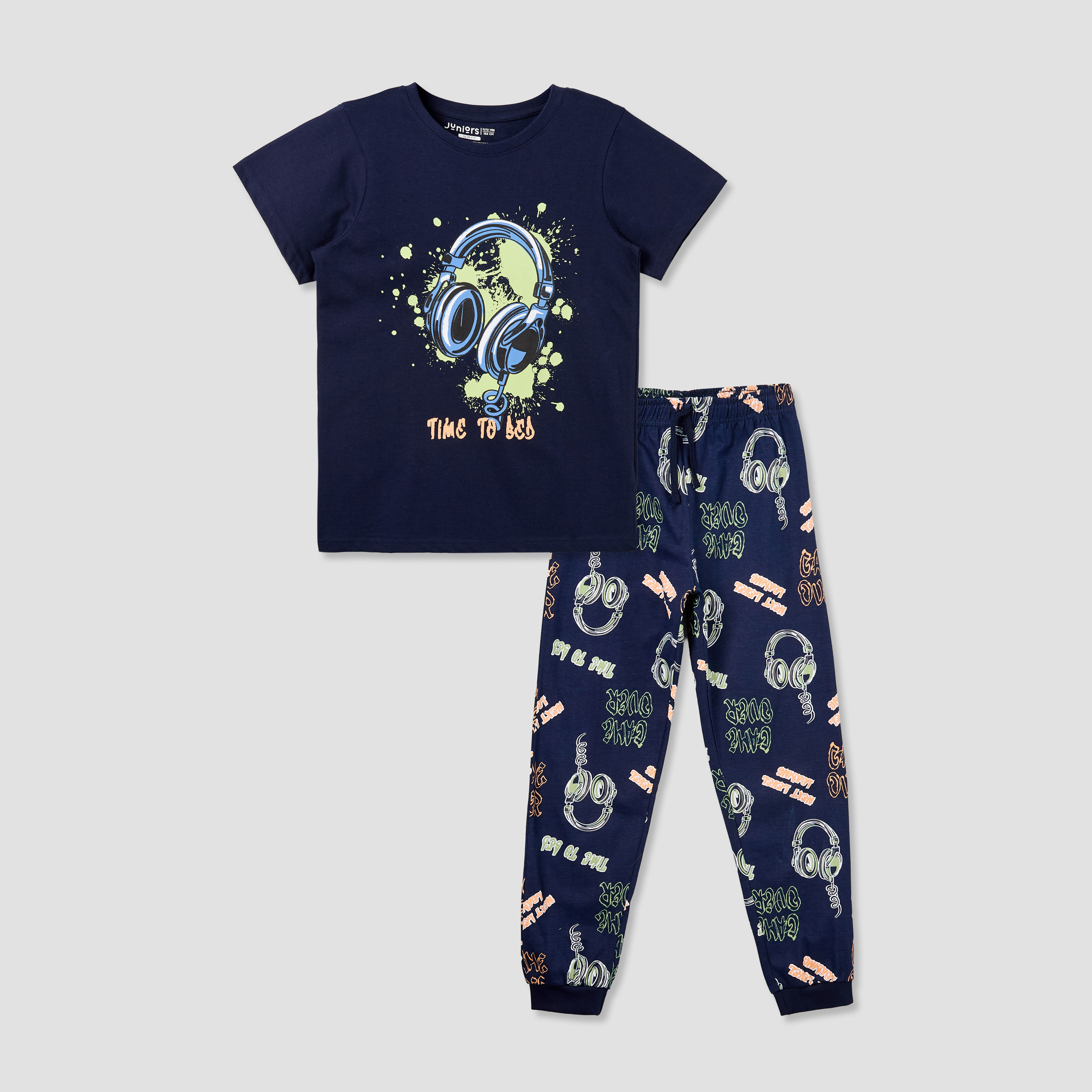 Juniors Cotton Crew Neck Short Sleeves Pyjama Set with Headphones Print-boys-clothing-nightwear-image-1