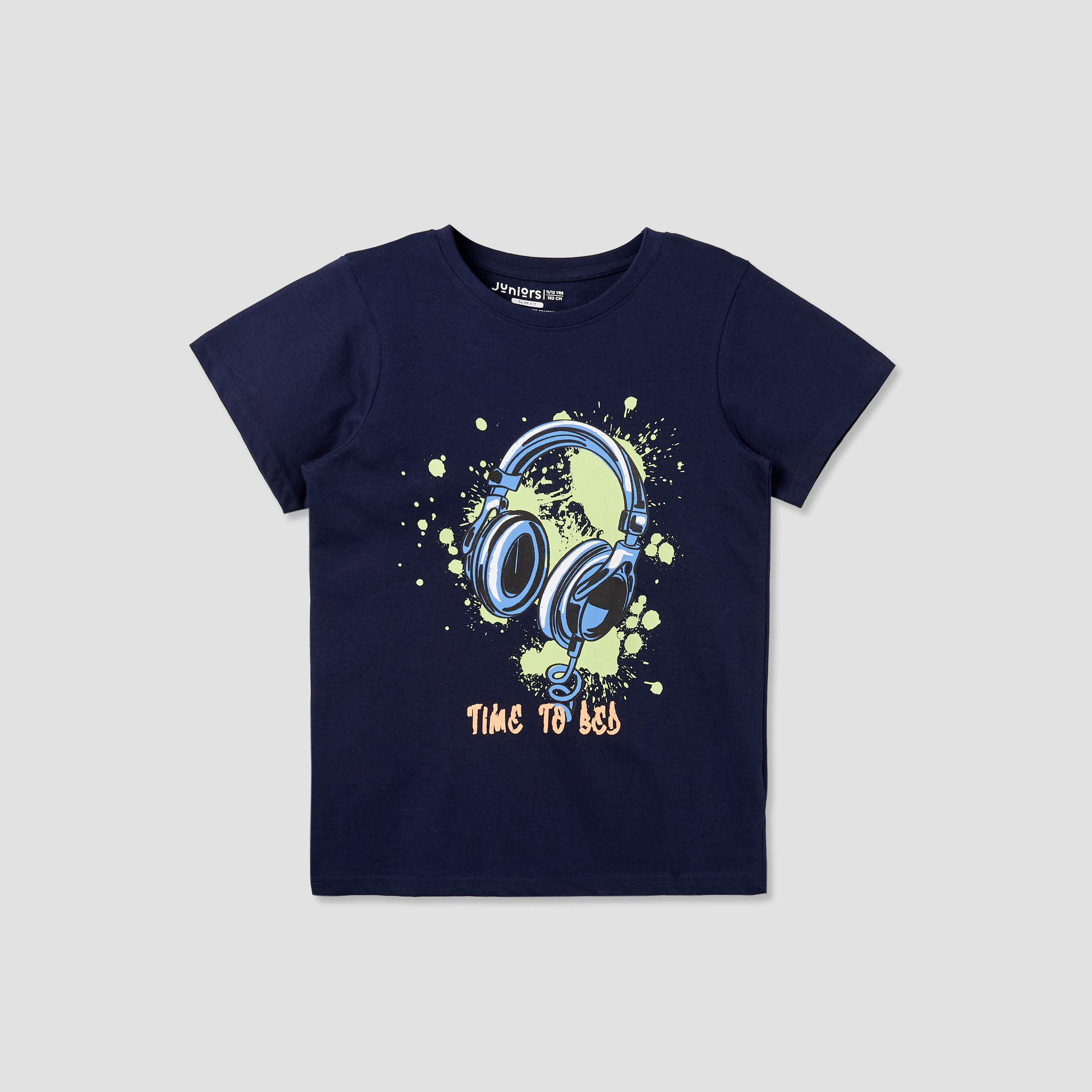 Juniors Cotton Crew Neck Short Sleeves Pyjama Set with Headphones Print-boys-clothing-nightwear-image-2