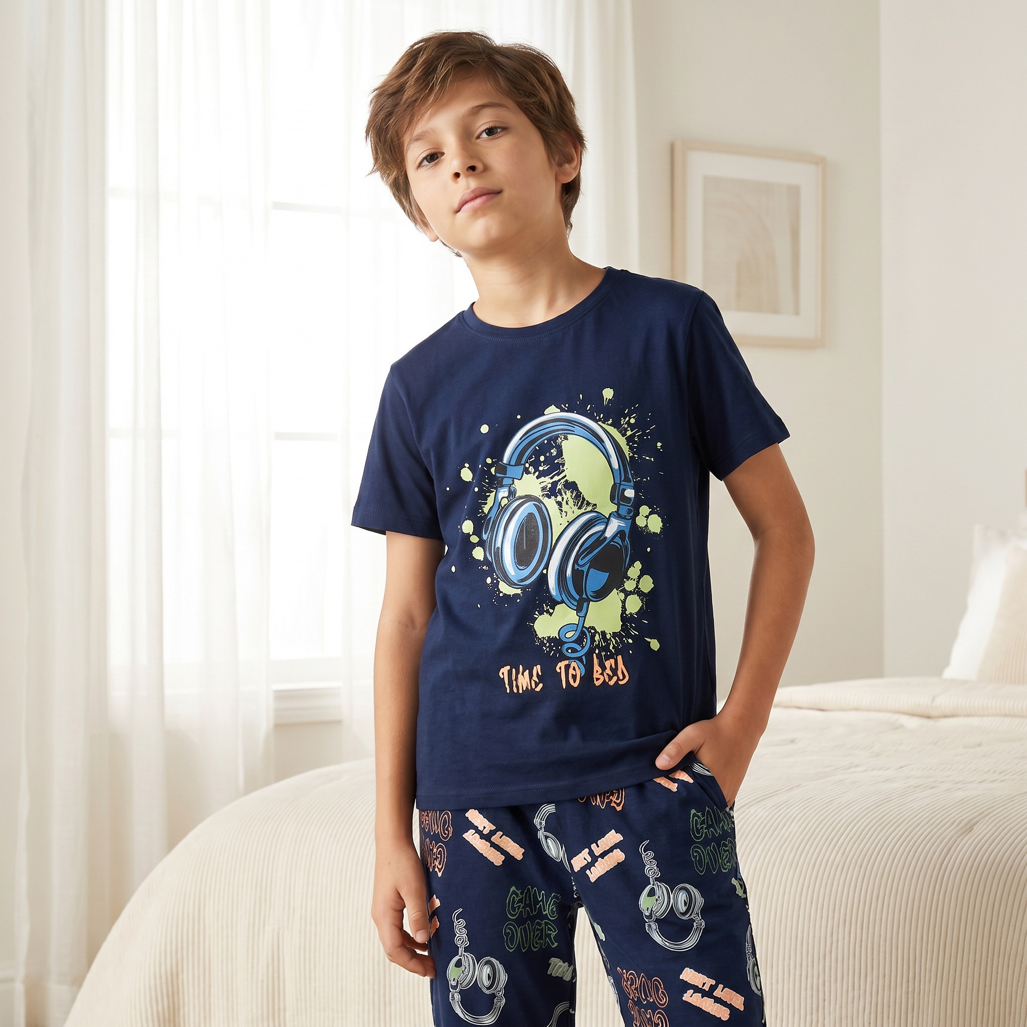 طقم بيجاما قطن بياقة ضيقة وأكمام قصيرة وطبعات من جونيورز-boys-clothing-nightwear-image-1