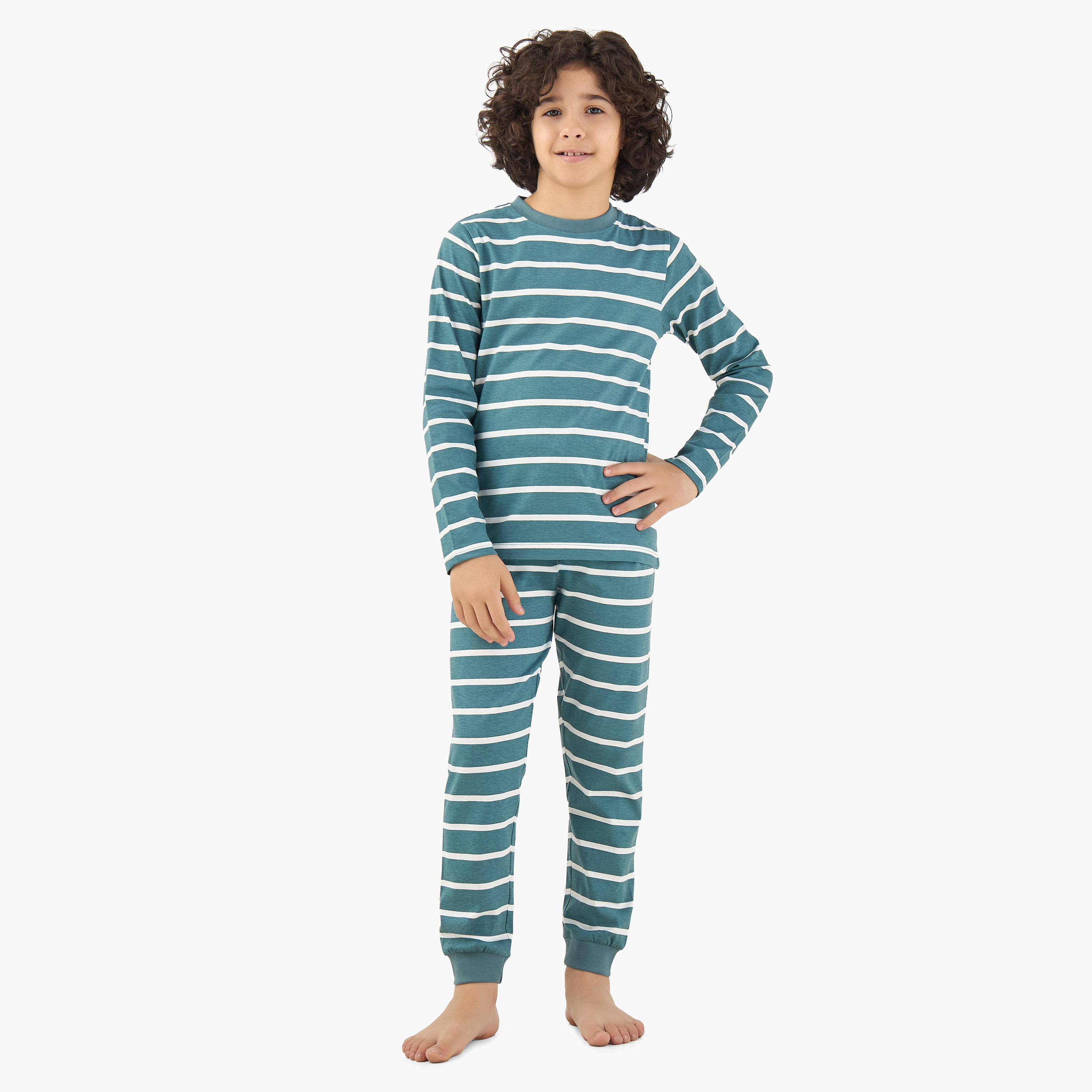 Juniors Cotton Crew Neck Long Sleeve Pyjama Set with Stripes-boys-clothing-nightwear-image-1