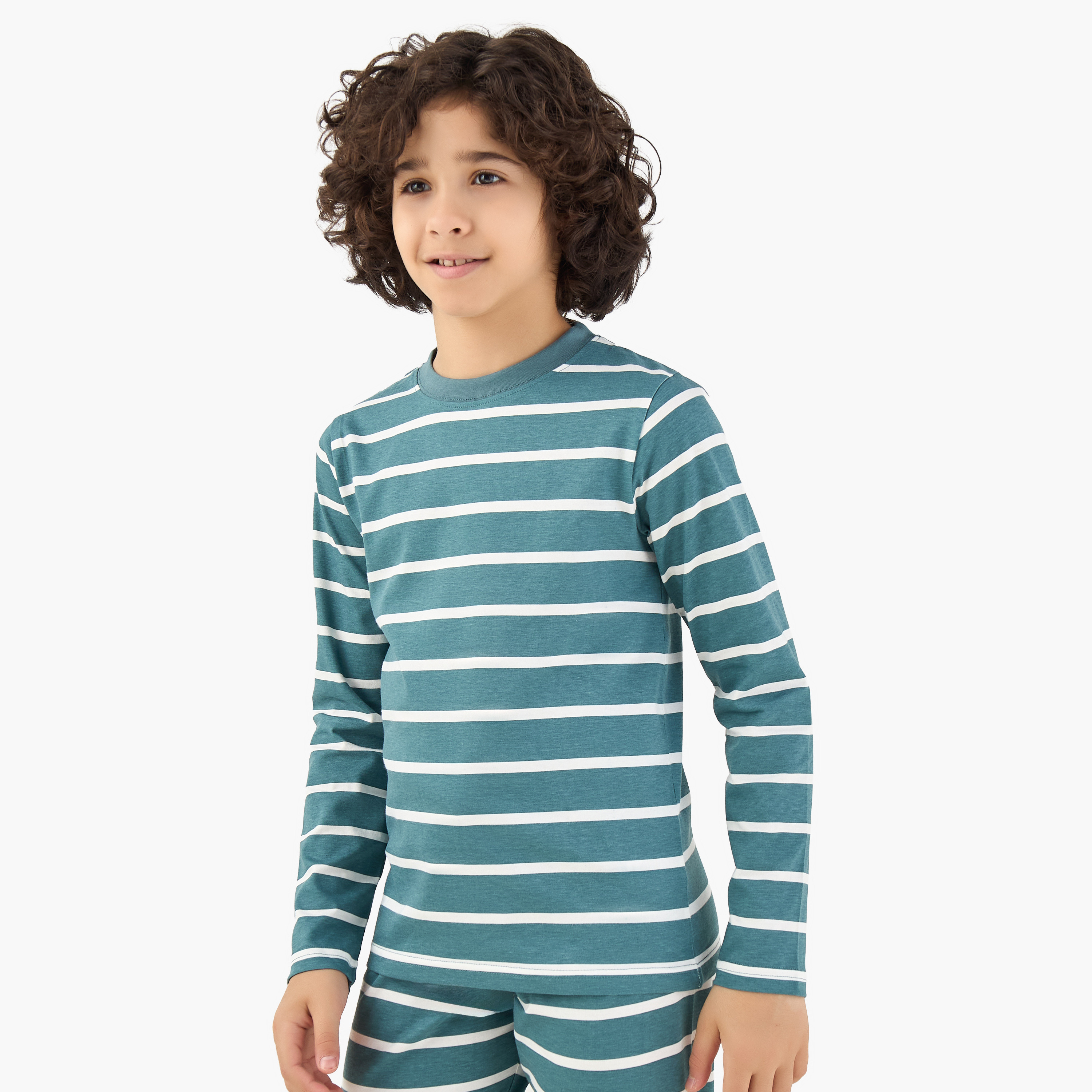 Juniors Cotton Crew Neck Long Sleeve Pyjama Set with Stripes-boys-clothing-nightwear-image-2