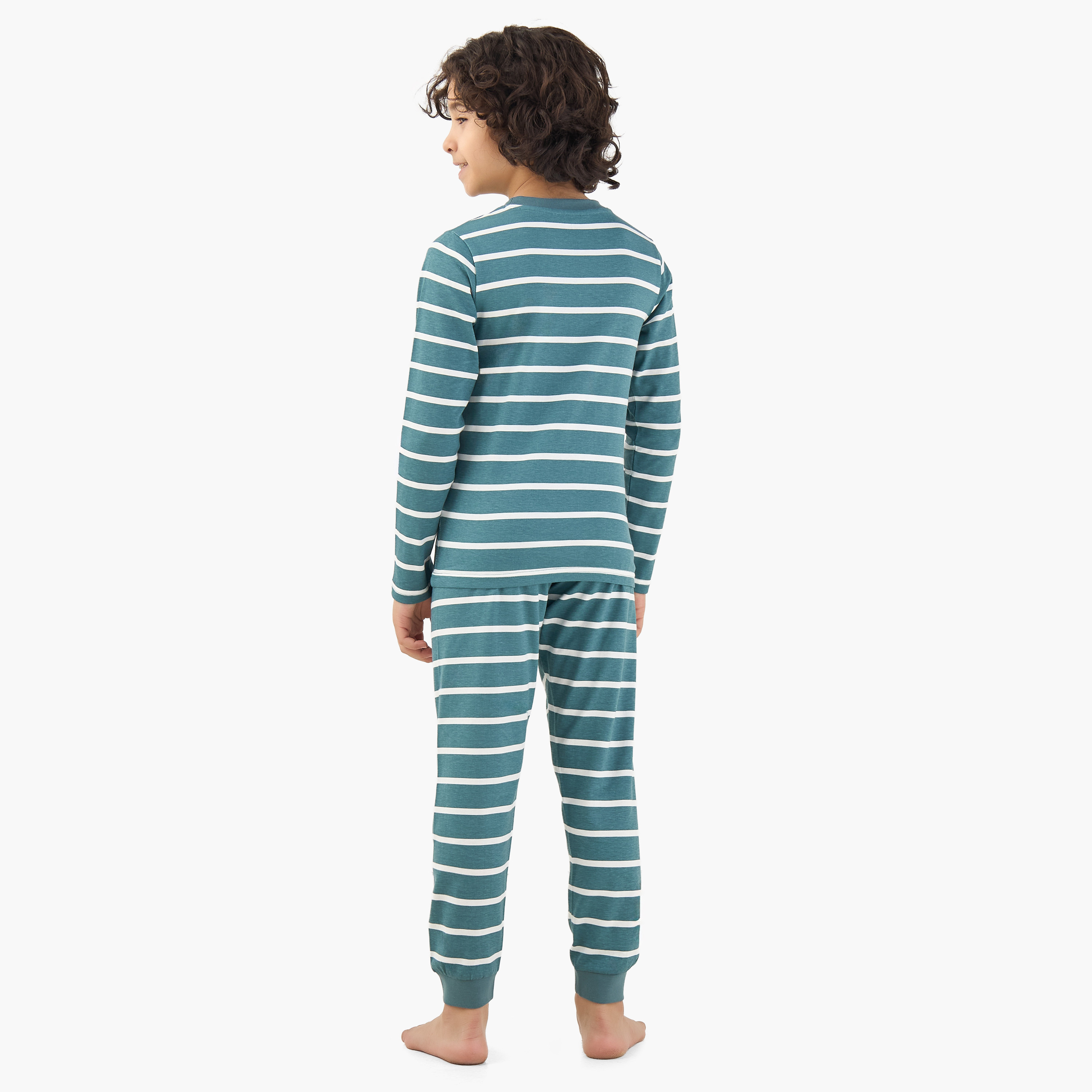 Juniors Cotton Crew Neck Long Sleeve Pyjama Set with Stripes-boys-clothing-nightwear-image-4