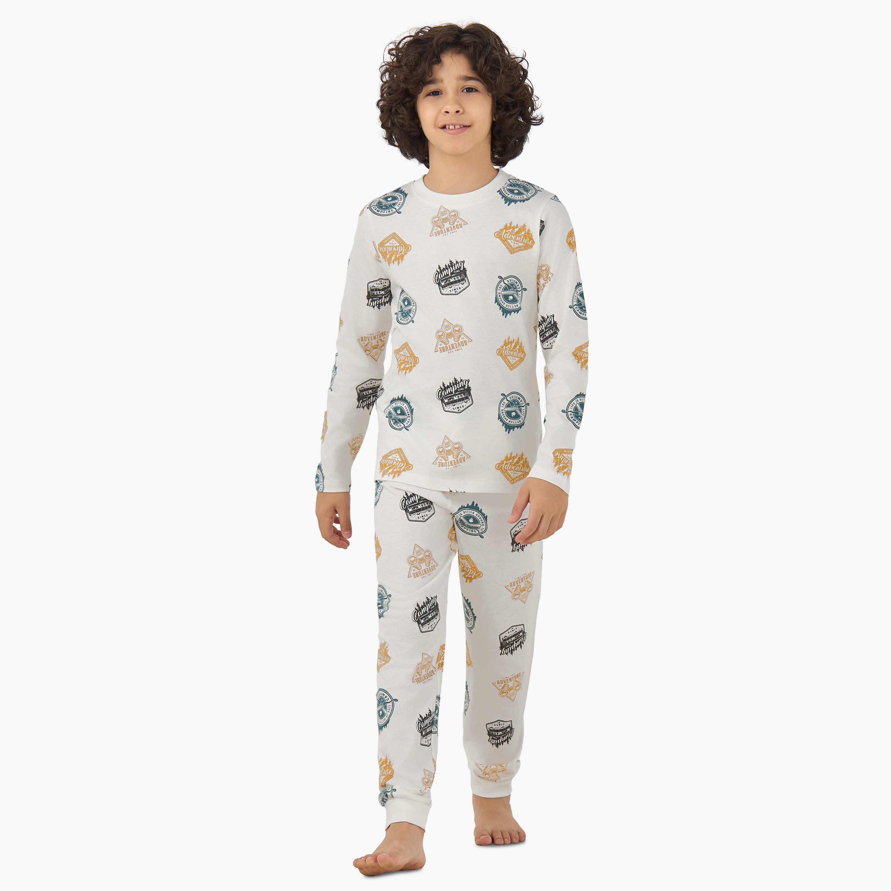 Juniors Cotton Crew Neck Long Sleeve Pyjama Set with Drawstring Closure-boys-clothing-nightwear-image-1