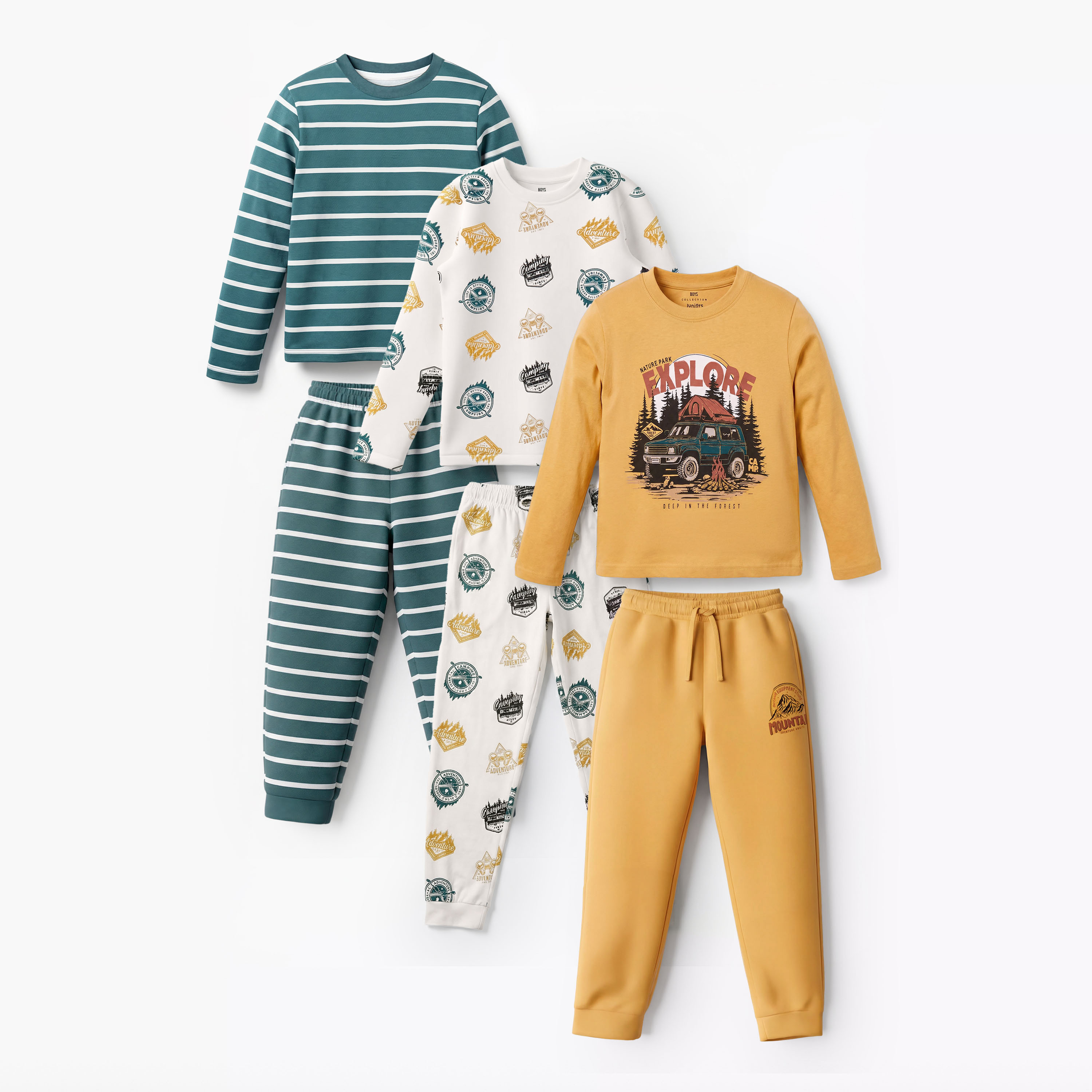 Pack of 3 Juniors Cotton Crew Neck Long Sleeves Pyjama Set with Fun Print-boys-clothing-nightwear-image-1