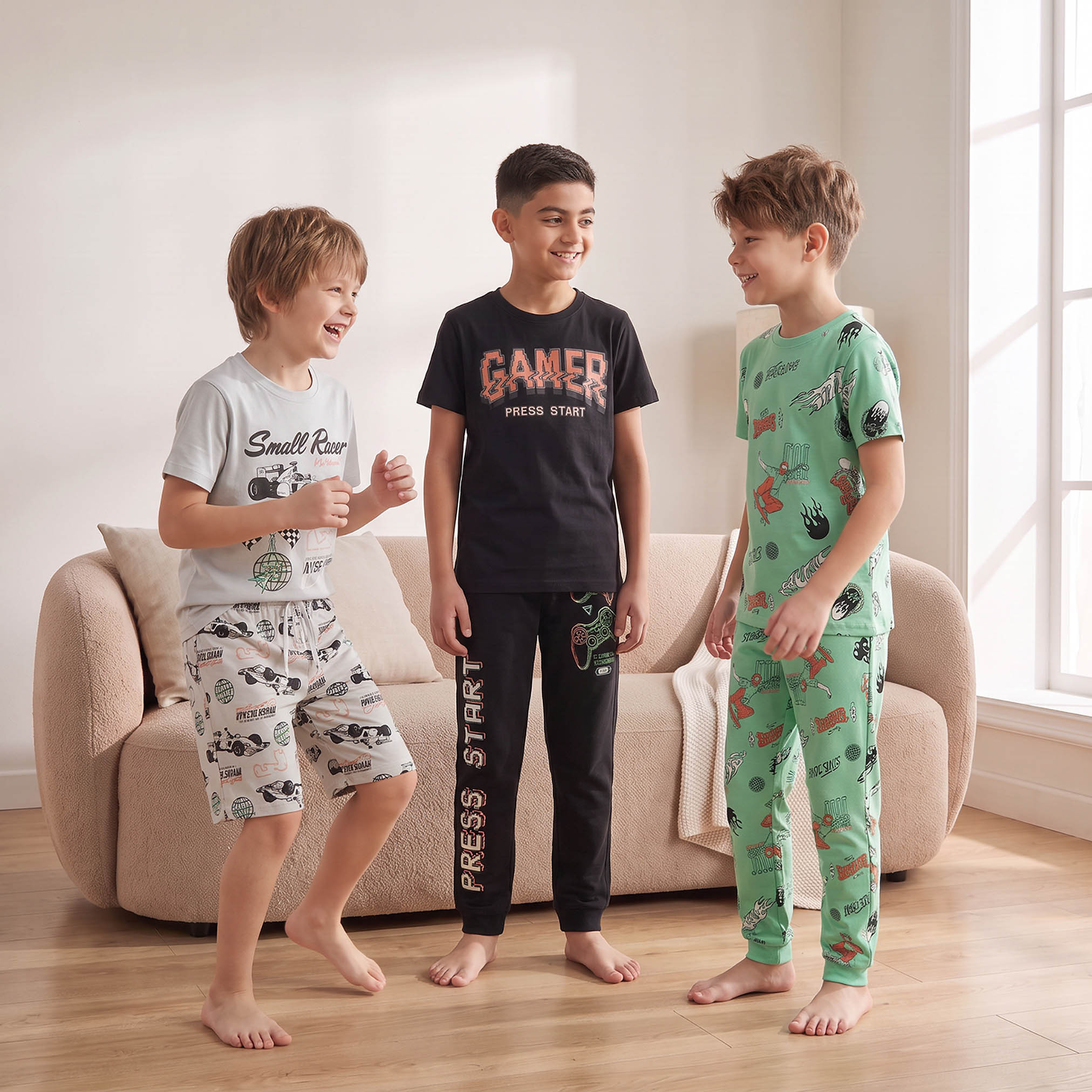 Pack of 3 Juniors Cotton Crew Neck Short Sleeves Pyjama Set with Assorted Print-boys-clothing-nightwear-image-1