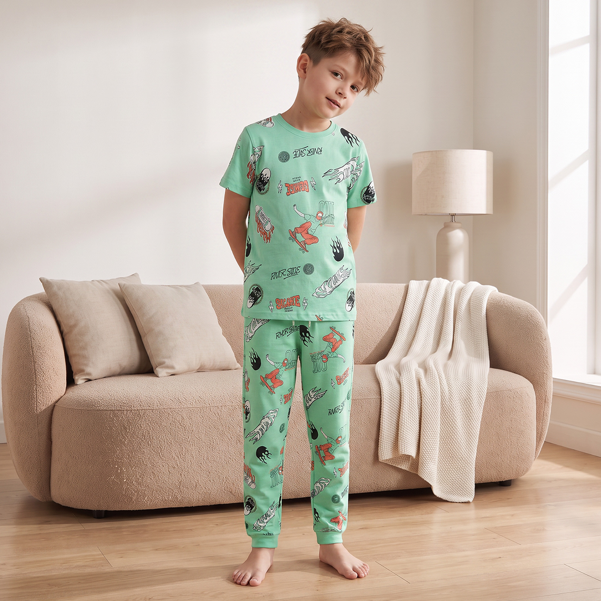 Pack of 3 Juniors Cotton Crew Neck Short Sleeves Pyjama Set with Assorted Print-boys-clothing-nightwear-image-4