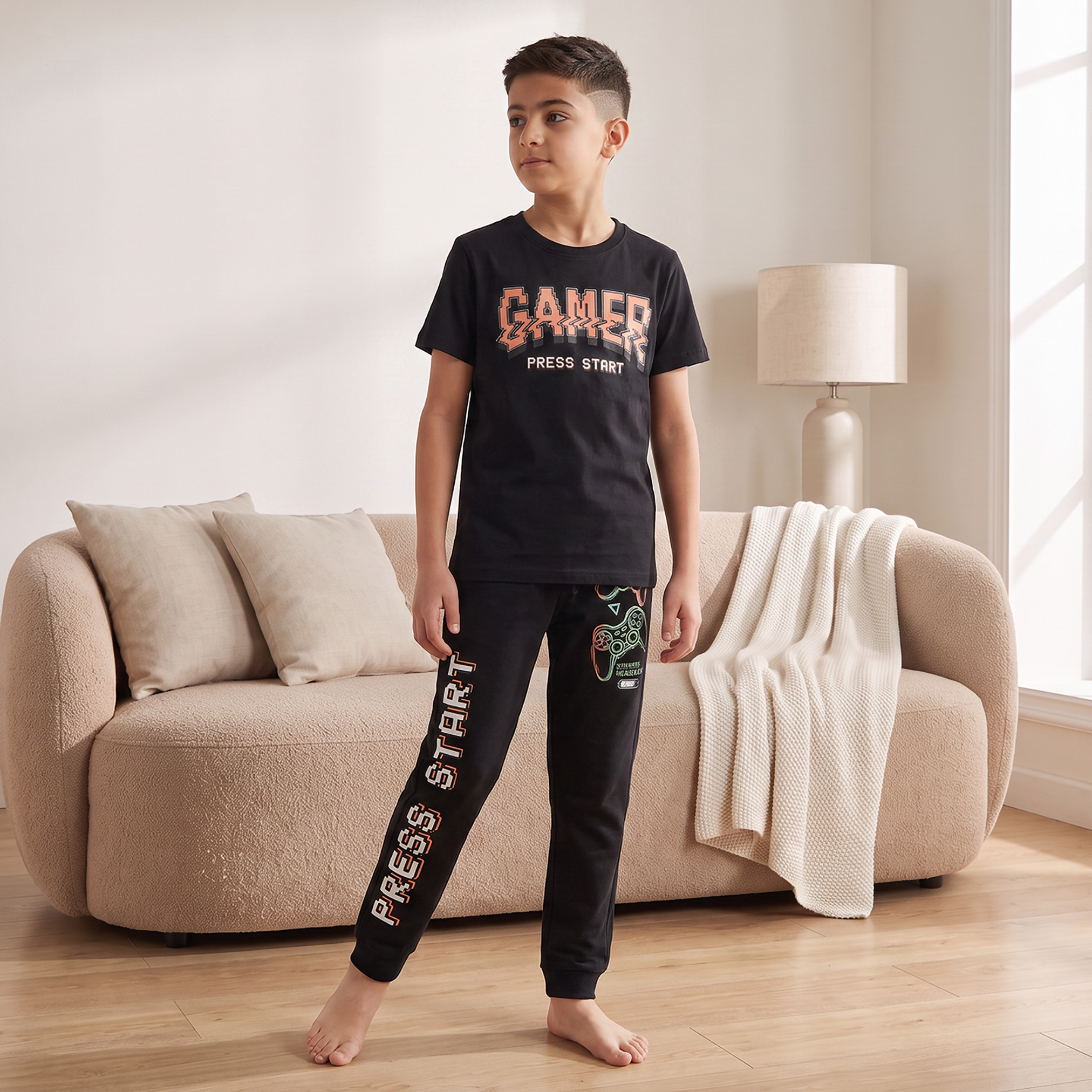 Pack of 3 Juniors Cotton Crew Neck Short Sleeves Pyjama Set with Assorted Print-boys-clothing-nightwear-image-5