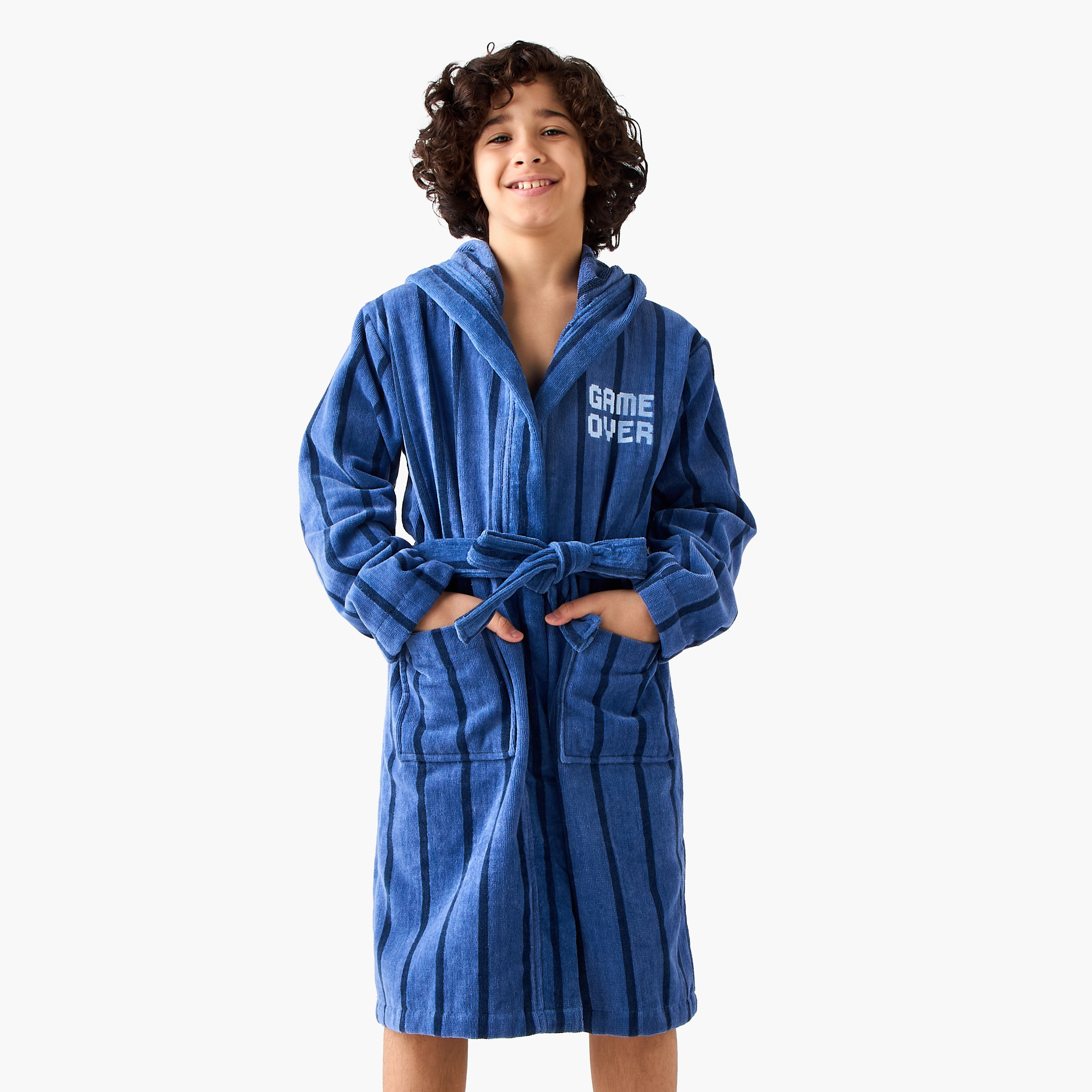 Juniors Cotton Hooded Neck Long Sleeves Bathrobe with Tie-Up Belt-boys-clothing-nightwear-image-1
