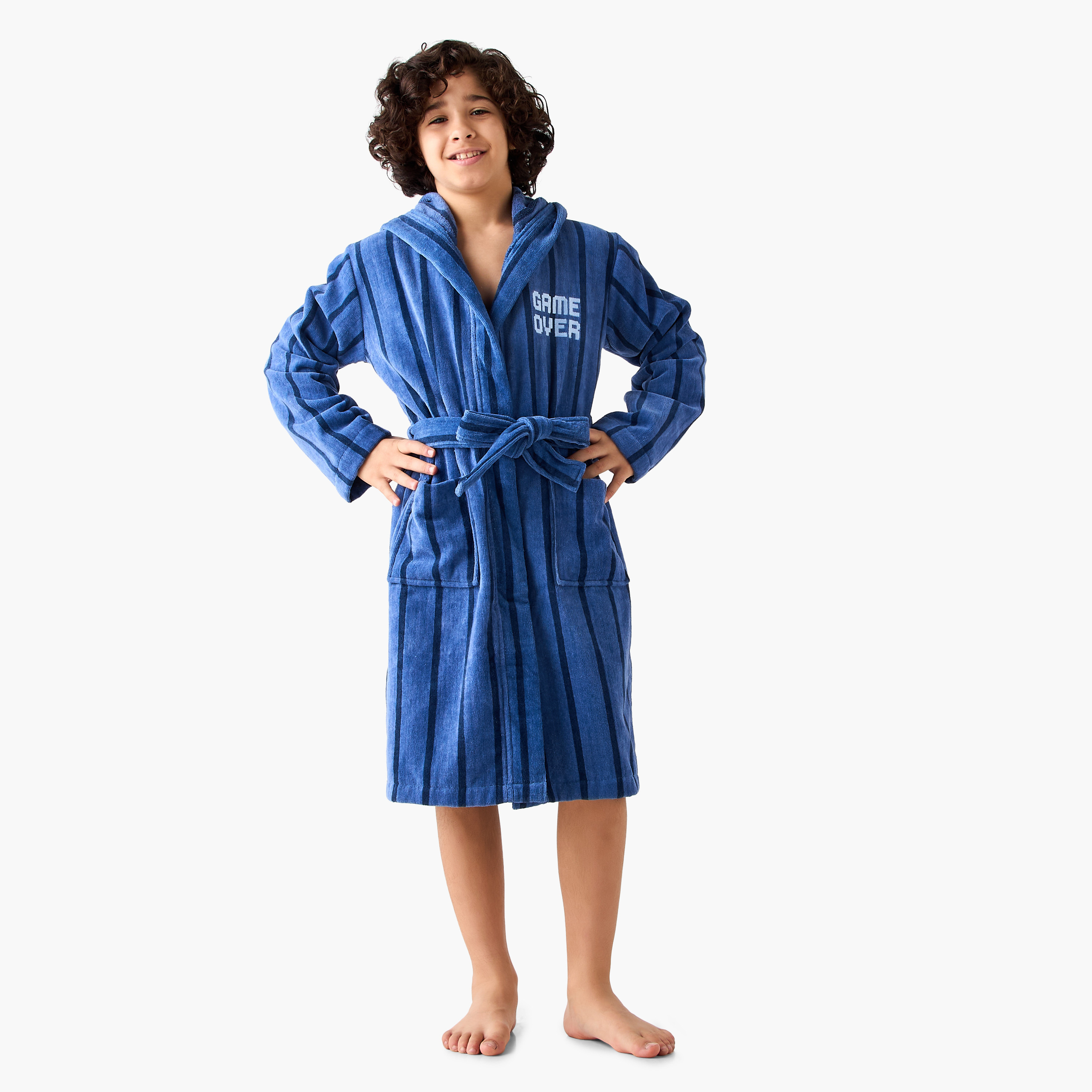 Juniors Cotton Hooded Neck Long Sleeves Bathrobe with Tie-Up Belt-boys-clothing-nightwear-image-2